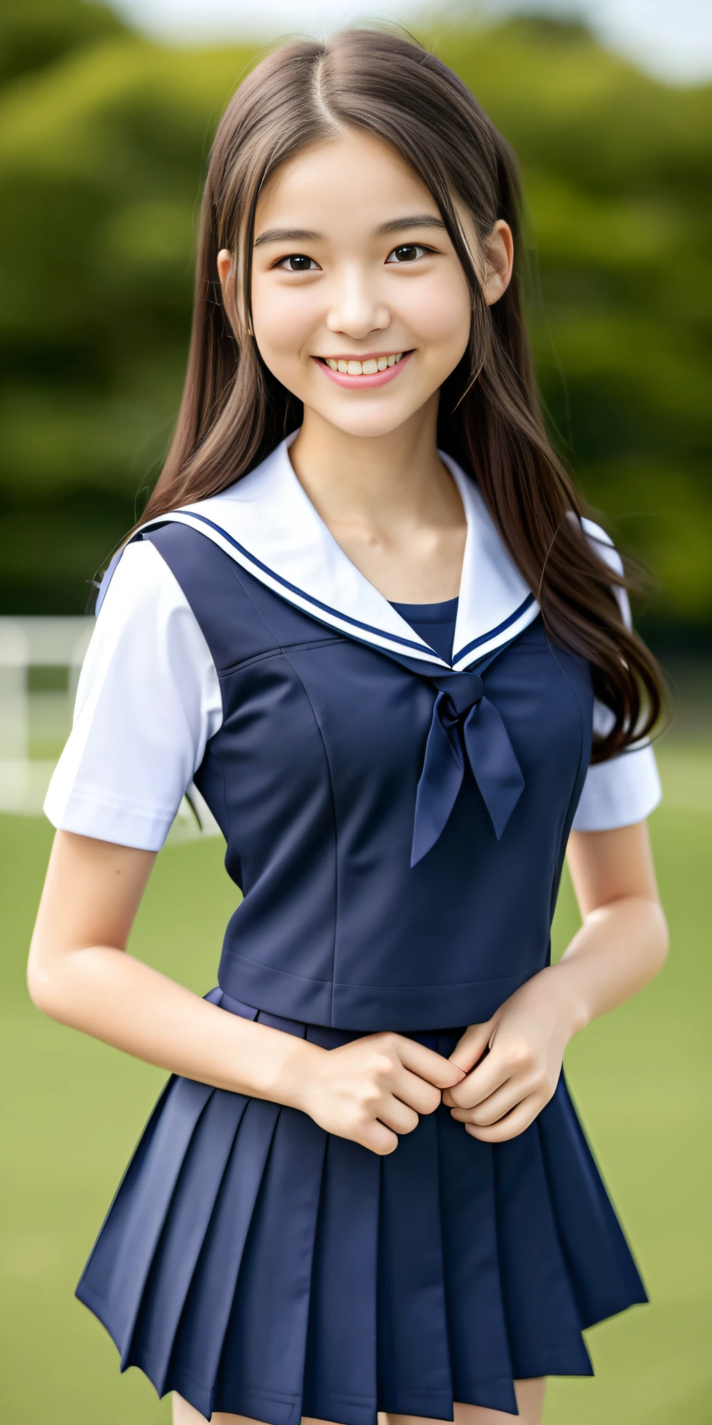 neat college girl, (school uniform, sailor uniform, ribbon tied at chest, summer uniform, upper body white, skirt is navy blue), outside the athletic field, (slim), photorealistic, detail, skin texture, ultra detail, delicate and sexy collarbone, smile, super detailed face, detailed lips, detailed eyes, double eyelids, small breasts, small breasts, small, flat breasts, breast emphasis