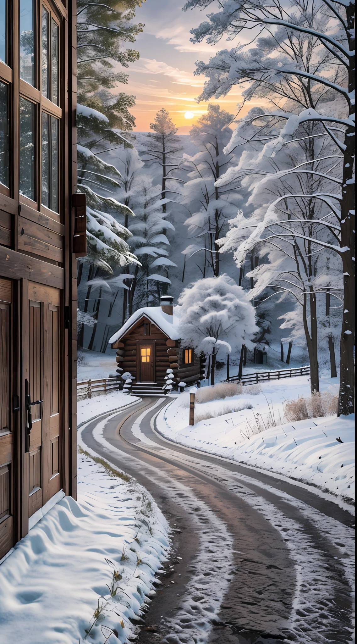 Rural, heavy snowfall, winding cobblestone roads (1.4), roadsides overgrown with dandelions (1.2). In the distance there is a log cabin with a frozen pond behind the house, and a snowman in front of the door wearing a red scarf. Dandelions flutter into the distance with the wind. Shinkai Makoto style, extreme detail, HD, masterpiece, best quality, (very detailed CG unified 8k wallpaper) --auto --s2