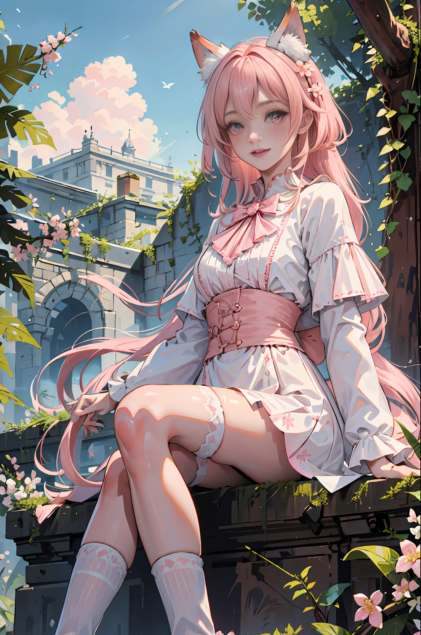 (m (masterpiece: 1.4, best quality), (intricate details), Unity 8k wallpaper, super detailed, beautiful beauty, perfect lighting, (1 girl), (pink hair, pink eyes), red lips, blush, expression smile, wearing white lolita, gothic costume, peerless beauty, stockings, sock ring, pattern, pattern, sunlight, plants, from on the stone steps, park, peach blossoms,