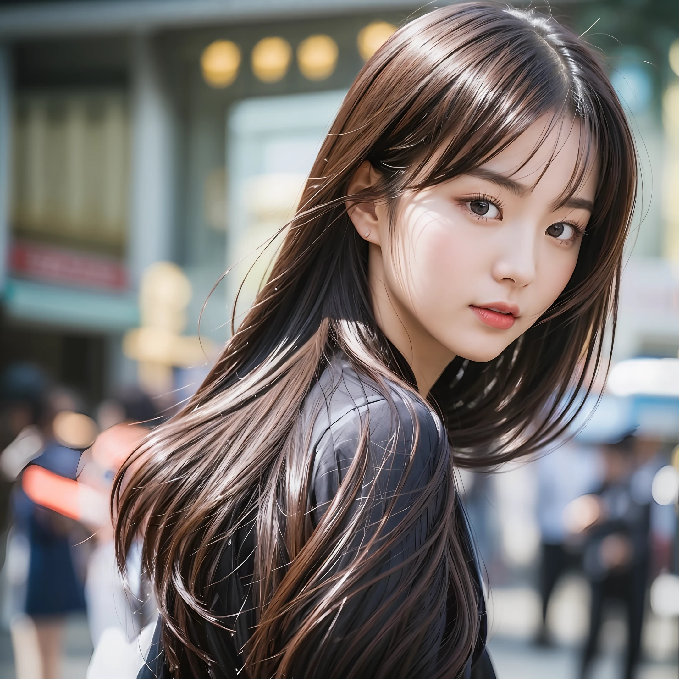 Super beautiful Chinese girl looking back,Perfect body proportions,Cute face,Surreal and clear,Master of photography,Light and shadow texture atmosphere,Sharp, clear and realistic,On the streets,Face close-up,Perfect portrait photography --auto --s2