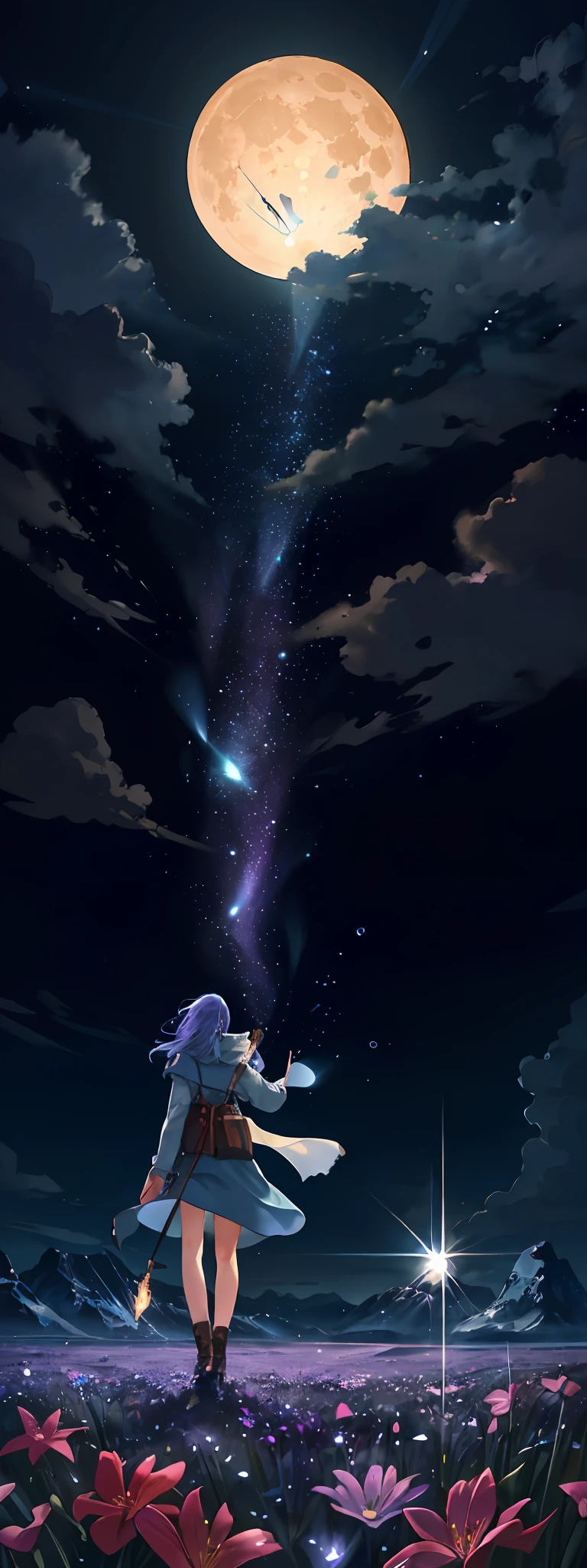 expansive landscape photography, (a view from below that shows the sky above and the open field below), a girl standing in a field of flowers looking up, (full moon: 1.2), (shooting stars: 0.9), (nebula: 1.3), distant mountain, tree BREAK production art, (cold light source: 1.2), (Firefly: 1.2), lamp, very purple and blue, complex details, volumetric lighting BREAK (masterpiece: 1.2), (best quality), 4k, ultra-detailed, (dynamic composition: 1.4), highly detailed color details (iridescent colors: 1.2), (bright lighting, atmospheric lighting), dreamy, magical, (solo: 1.2)