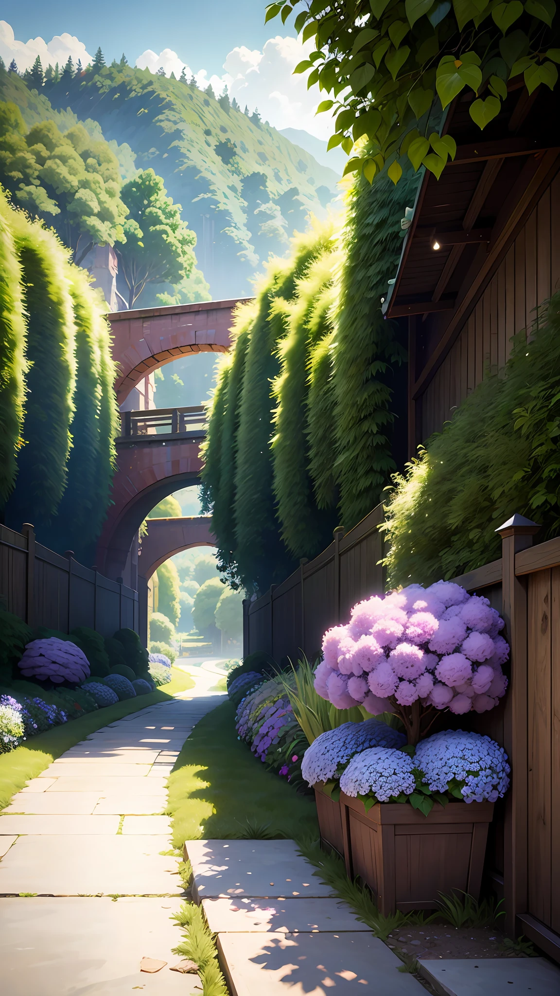 (Ultra High Resolution, Realistic, Best Quality, Realistic), (8K, Original Photo, Best Quality, Masterplece), (Photon Mapping, Radiometry, Physically Based Rendering, Auto White Balance), Oil Painting, Bridge, Architecture, Bush, City, Cloud, Sky, Gate, Fence, Field, Orest, Garden, Grass, House, Hydrangea Mountain, Nature, no_humans, Outdoor, Path, Plant, Potted Plant, purple_flower, Road, Landscape, Sky,skyscraper, traditional_media, tree,