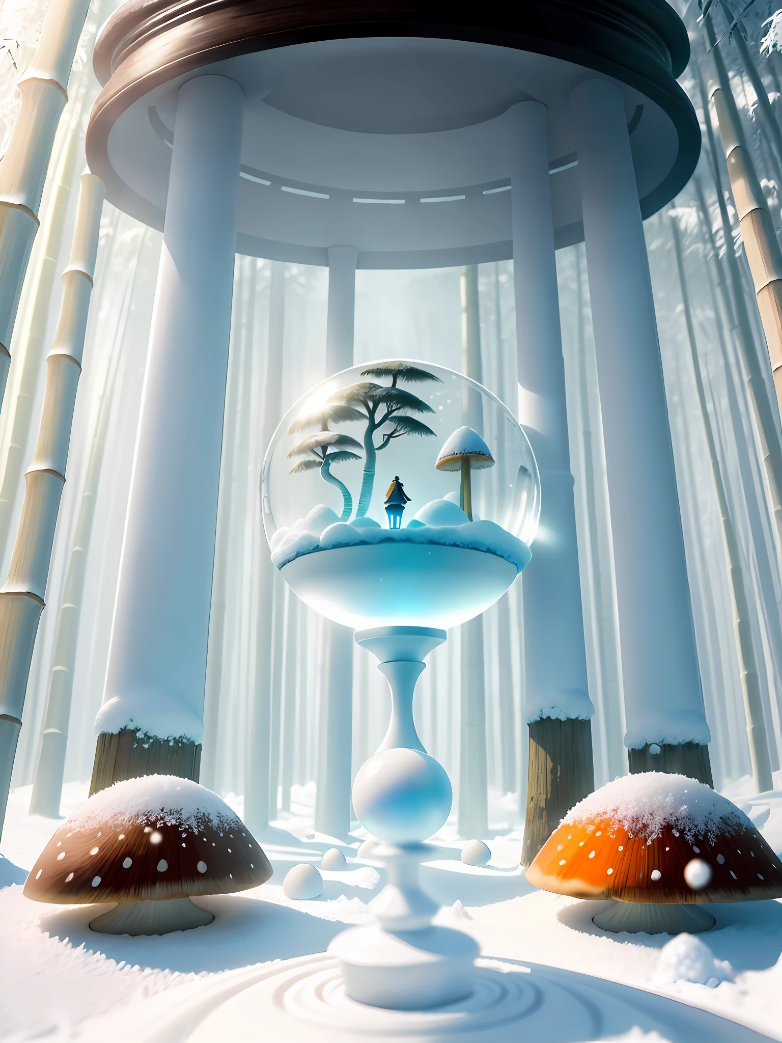 Ultra-realistic, 16K high resolution, (Max Sharp Focus: 1.3), (Max Close-up: 0.5), (Bamboo Forest vs Mushrooms Trapped in a Crystal Ball with Pedestal, End of the Thousand Years War: 1.7), (Snow, Fantastic Fog, White Sand, Desolation, Destruction, Ruin: 1.3)