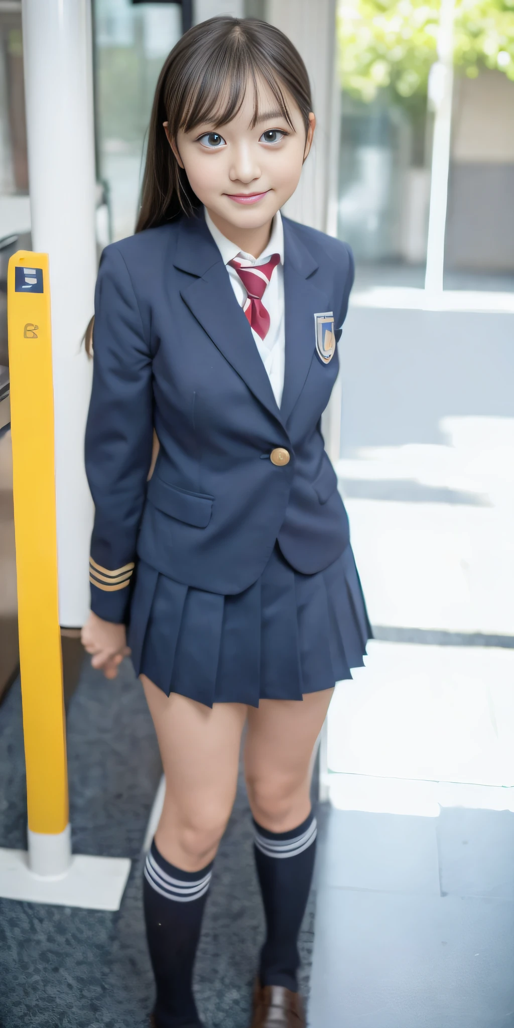 girl in uniform, Japan school uniform Japan girl wearing school uniform, jk school uniform, surreal schoolgirl, wearing school uniform, wearing school uniform, shot with Canon 5D Mk4, shooting with Canon EOS 5D Mark IV, schoolgirl wearing principal uniform, close-up of one woman, 35mm masterpiece, vivid details, super detail, realistic skin texture, live action, ultra high quality, navy blue blazer school uniform, Navy blue pleated mini skirt, navy blue high socks, dark blue high socks, brown loafers, knee with high socks, smile, beautiful face, beautiful Japan woman, 18 years old, idol class cuteness, beautiful girl, full body shot, standing figure, bus stop, beautiful thighs, beautiful legs, beautiful high school girl, fiercely cute, knee little boyr thigh, daytime, knee little boy out, healthigh, Raw legs between the knees and skirts, socks from below the knees, natural light, outside
