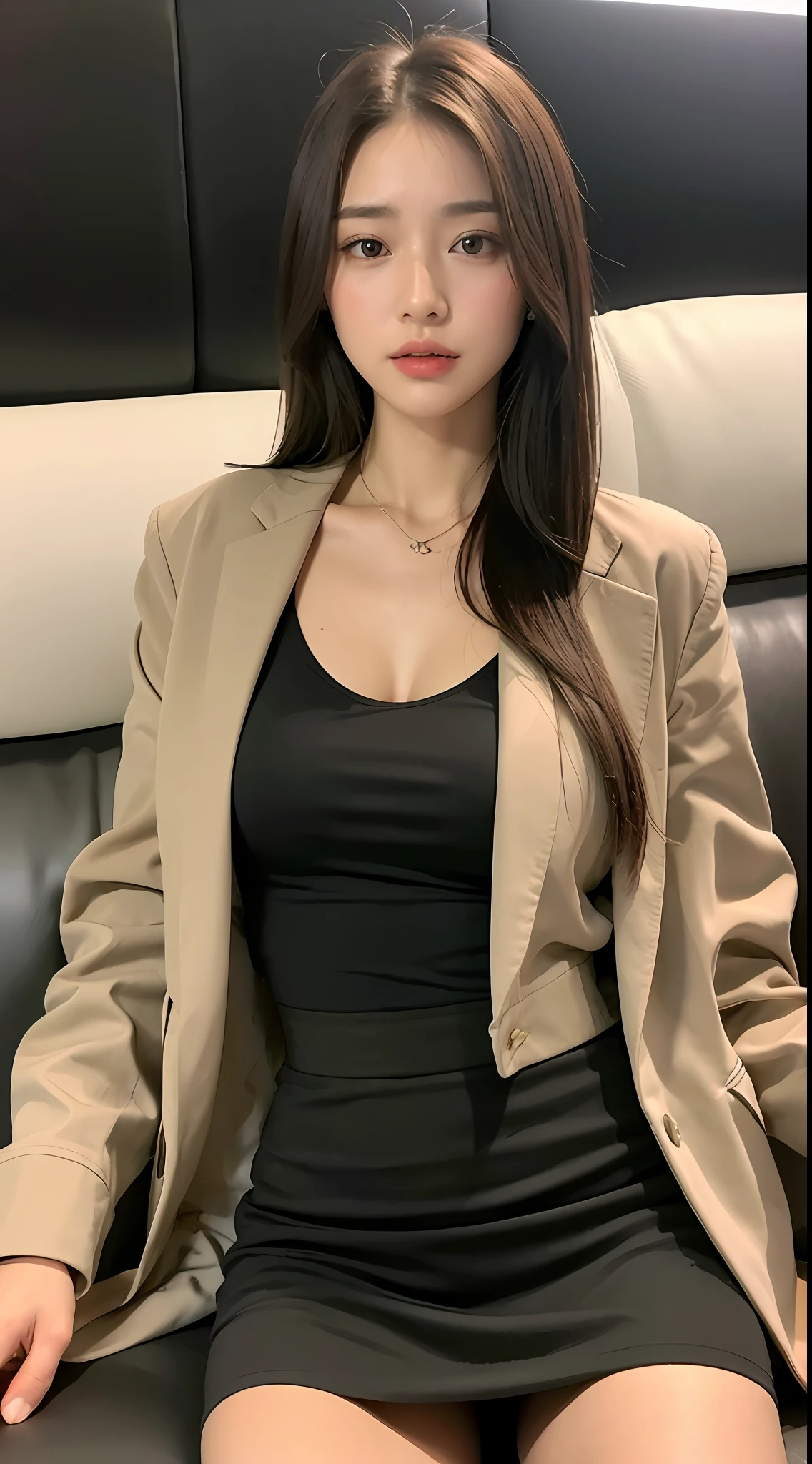 ((top quality, 8k, masterpiece: 1.3)), pretty woman, 1 woman, huge: 1.3, (toned abs, slender figure: 1.1), sexy, dark brown hair, (sitting on the couch, legs aligned, skirt: 1.1), ultra-detailed face, detailed lips, detailed eyes, double eyelids, good posture, classy, work clothes, camisole in jacket, tight mini skirt,