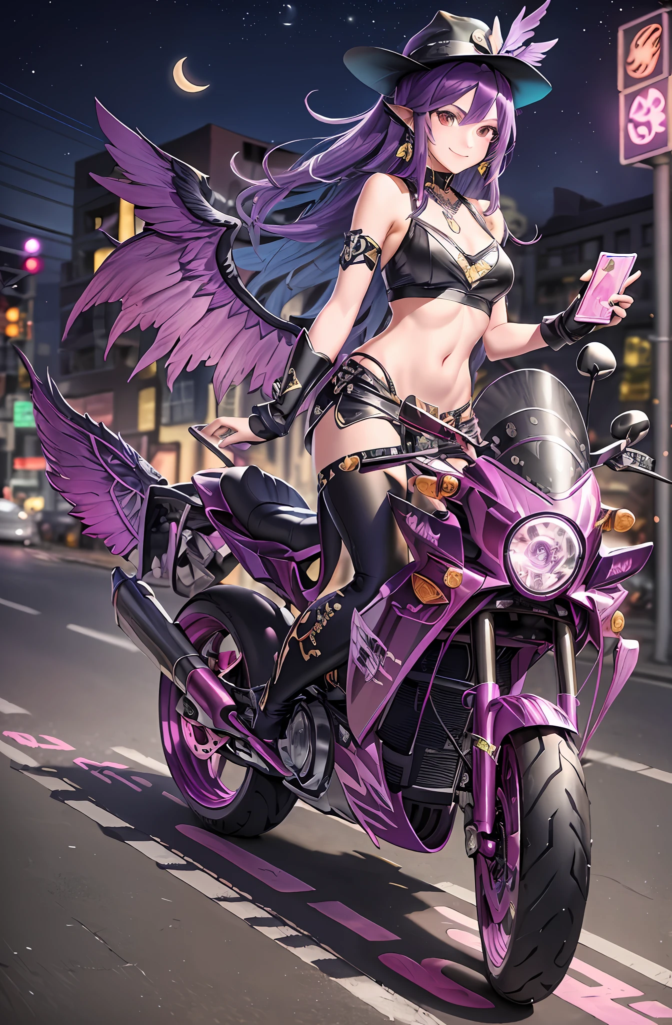 Longhair. Smile, purple hair. Earring. Divine wings on the back. Long pants that are cut off. Smile. Crescent moon. Earphone. Navel out. Wings grown on the back. Purple wings. Hat hat. Neon Street. Ride a motorcycle.