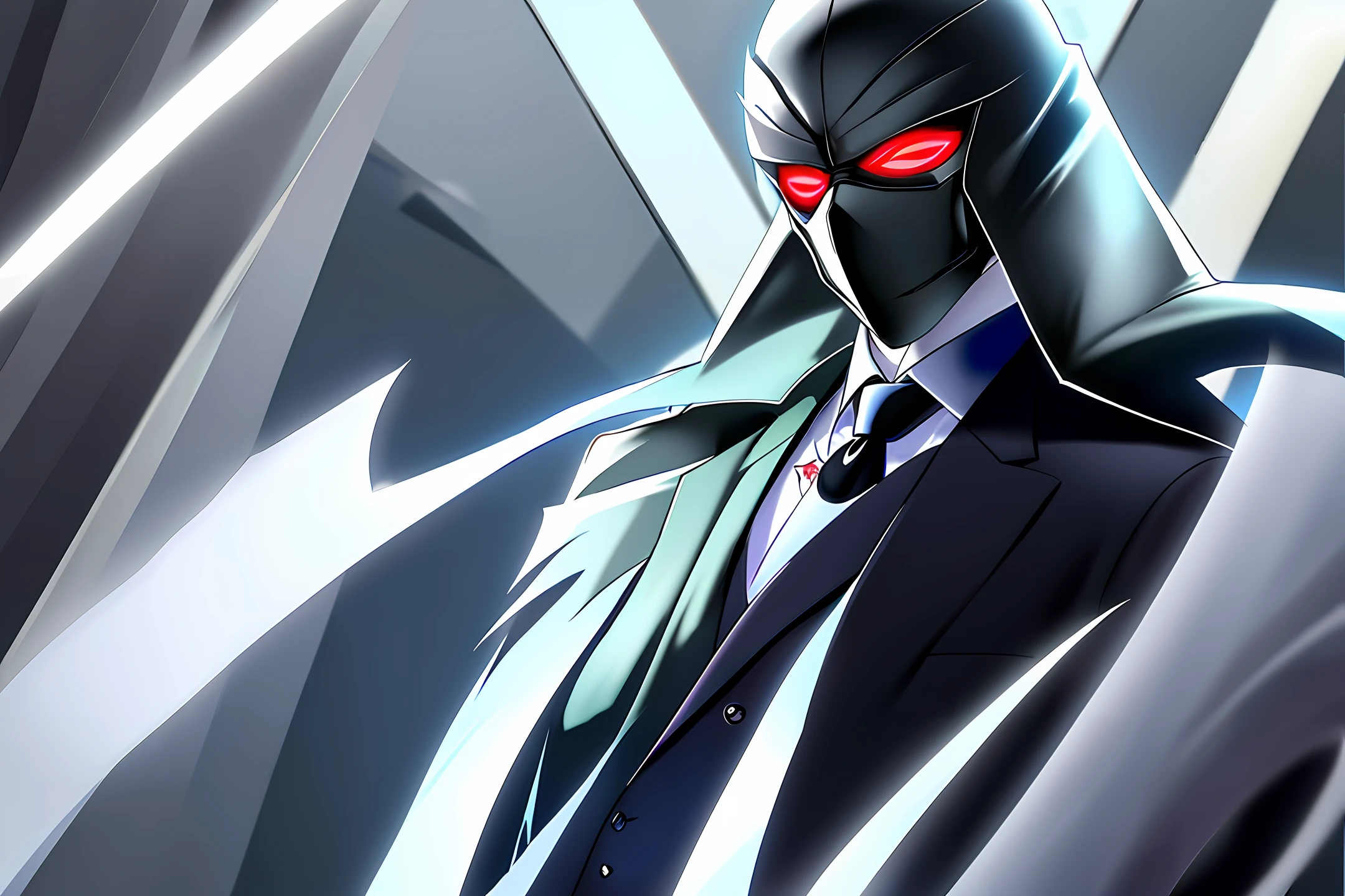 Man in suit with black mask with white lines in place of eyes and mouth, hiding his face