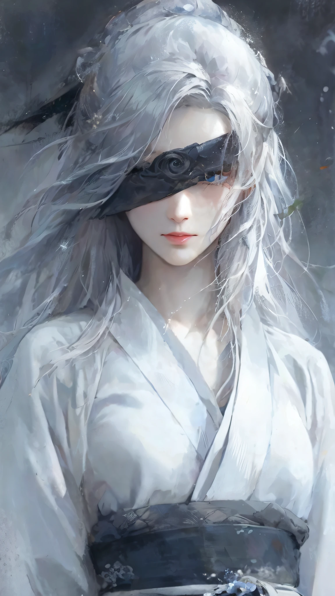 High quality, 4k, masterpiece, blue eyes, close-up of a woman with white hair, beautiful figure painting with background in the rain, falling leaves scattered around, Guviz, Guwiz style artwork, white-haired god, Yang J, epic fine character art, stunning character art, Fan Qi, Wu Zhun Shifan, Gu Wiz at Pixiv Art Station