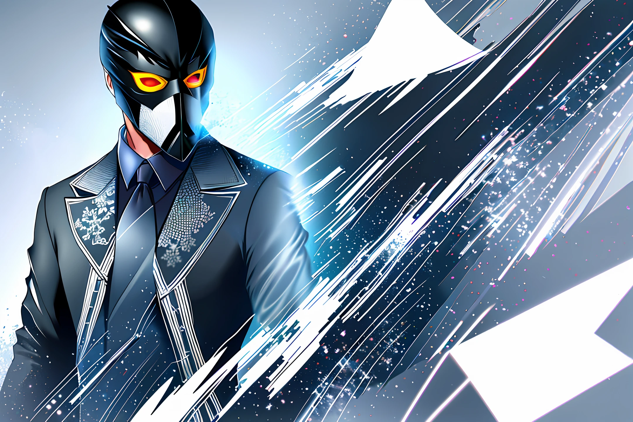 Man in suit with black mask with white lines in place of eyes and mouth, hiding his face