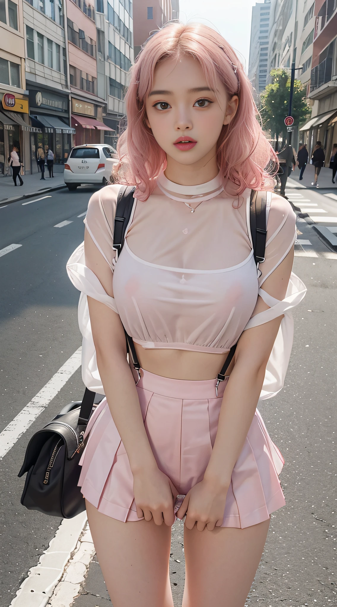 -yeld scplump chest, pink transparent open-chest shirt that can show the chest, white miniskirt, panties can be seen, street in the background, heavy traffic, perfect body, delicate facial features, pink curly hair, transparent suspenders, open legs, feminine sexy pose, full body portrait, perfect hands