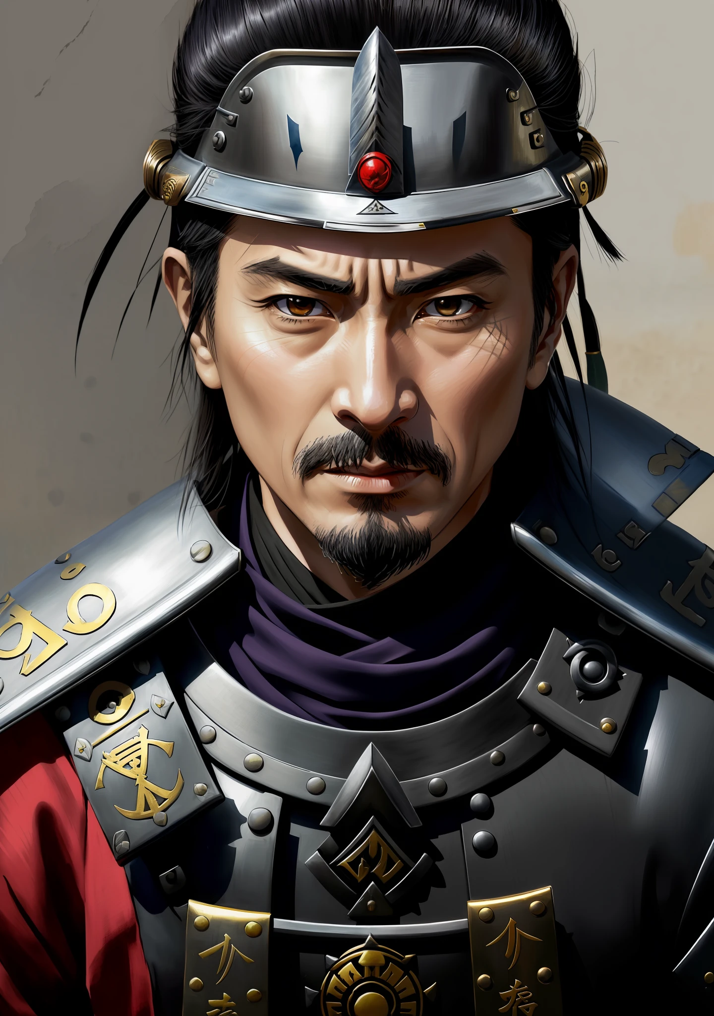 A painting of a man in armor with two swords, samurai movie poster, cool 3D viewing, streaming on Twitch, Age of Empires 3, Japanese TV show, (( ( ( ( anime ) ), anime and manga, portrait of a mad general, Kurdish samurai, kabuto, army, yoshitaka, realistic faces, wall, Sun Tzu, realistic, closeup