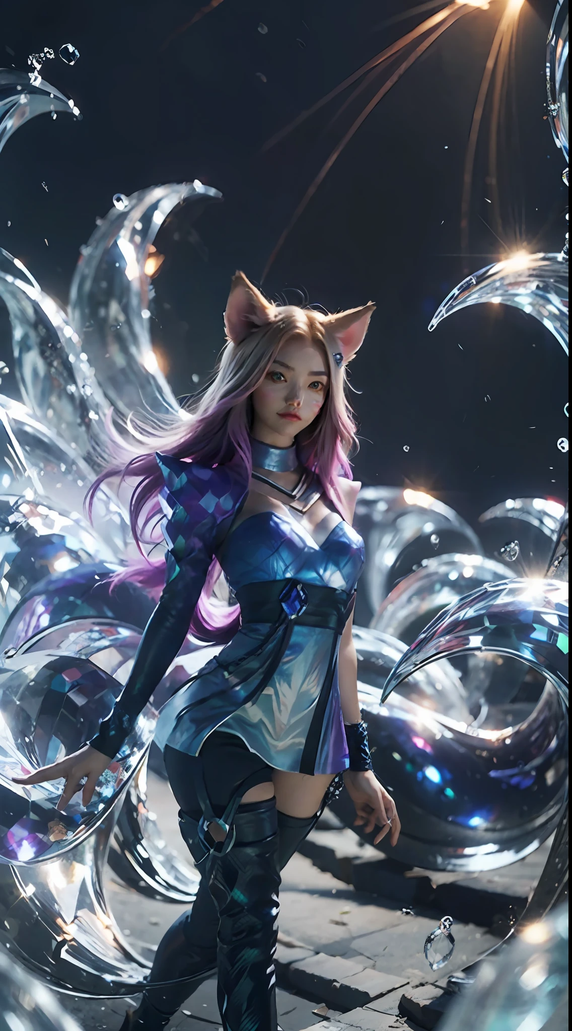 1 Girl, Fox, Fox \ (League of Legends), K/DA \ (League of Legends), Animal Ears, Face Markings, Fox Ears, Fox Tail, Orange Eyes, Multiple Tails, Tail, Water Protection,