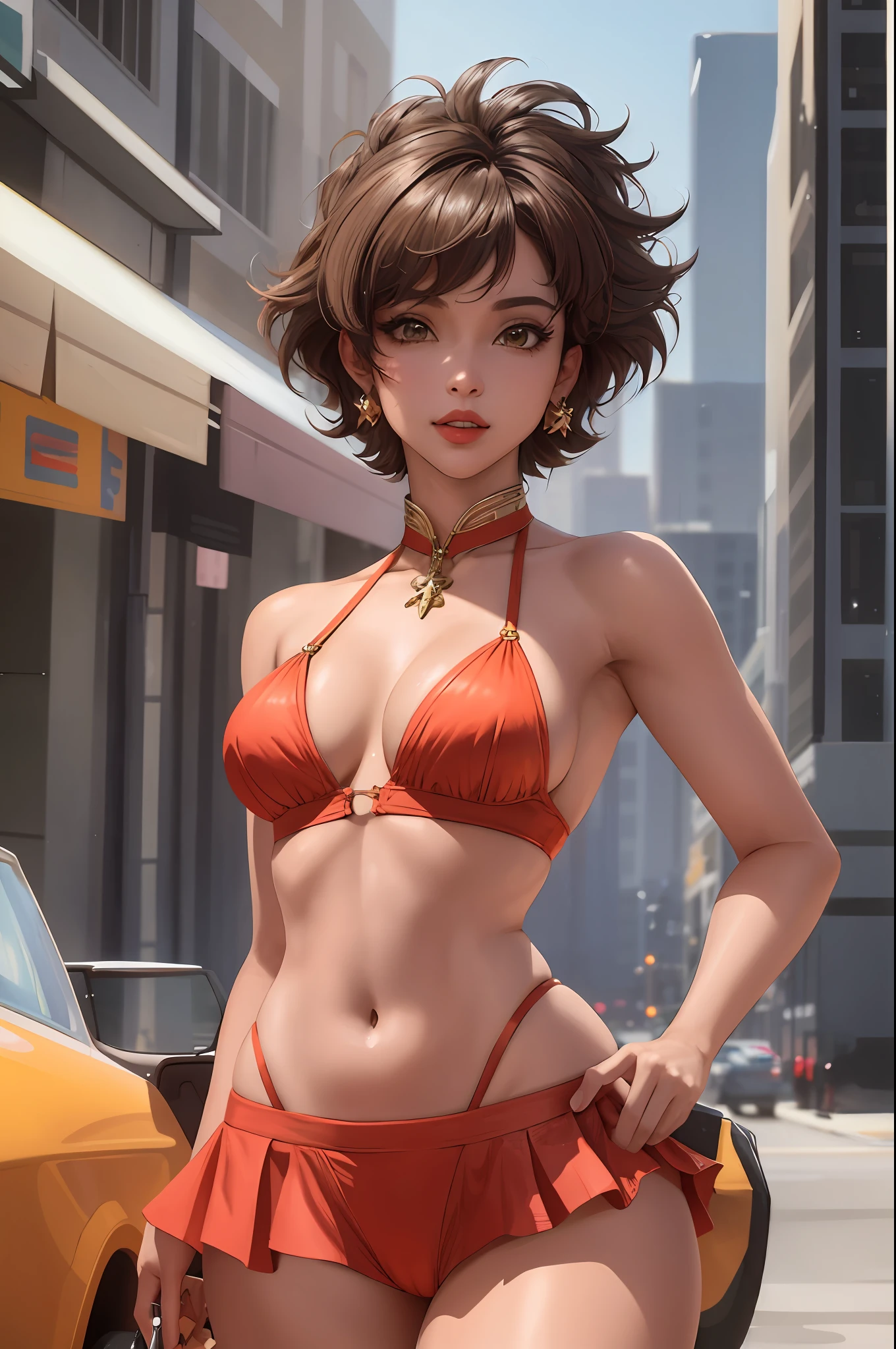 (masterpiece: 1.2, best quality), (fae, cowboy bebop) realistic, retro, (real image, intricate details, depth of field), (1girl, solo), makeup, parted lips, very detailed, face perfect, cleavage, sheer, erect, nsfw, (hsmall boobs: 1.1), (skindentation), thick thighs, slim waist, wide hips, small waist, big shiny coral lips, micro bikini, string bikini, mini skirt, cameltoe