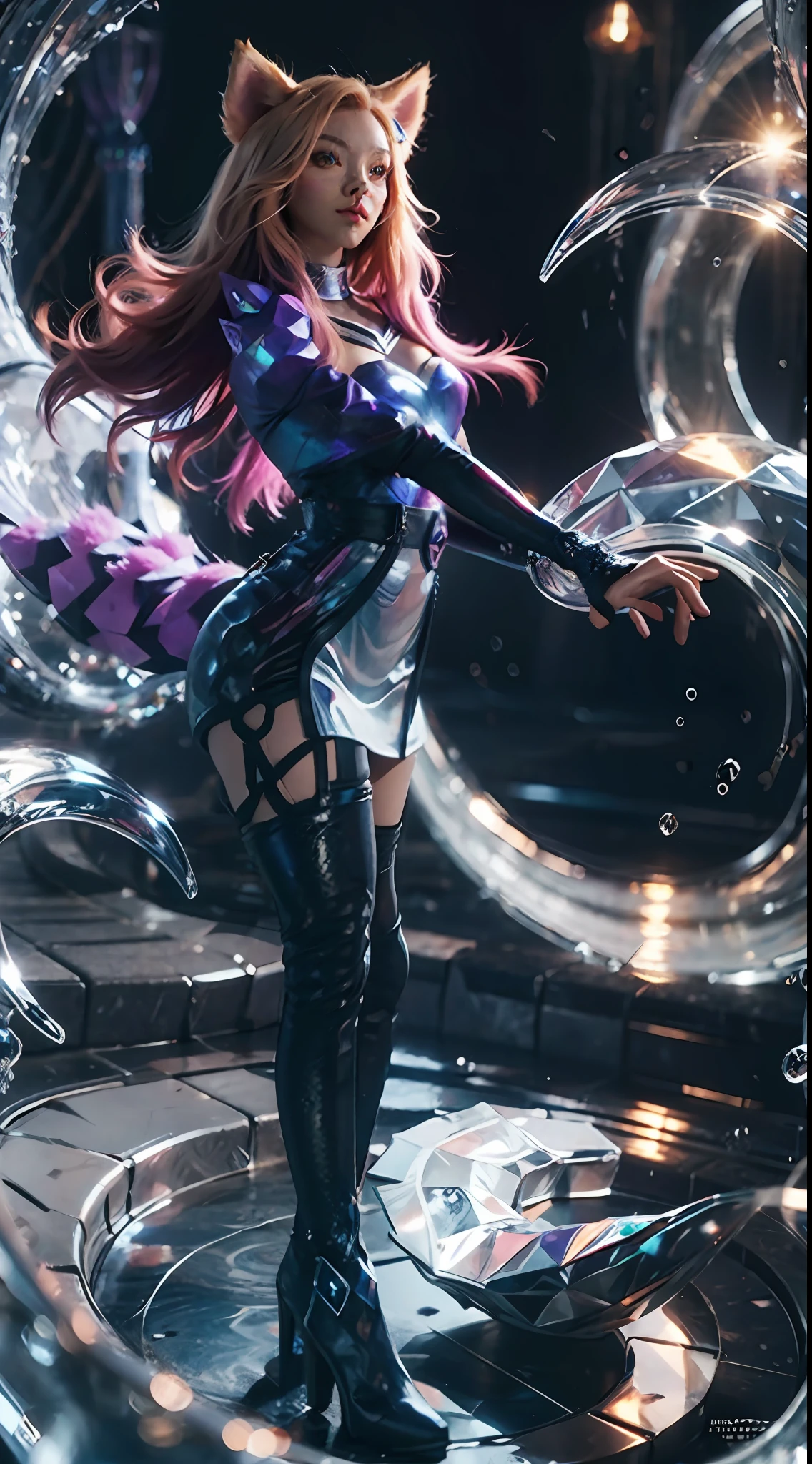 1 Girl, Fox, Fox \ (League of Legends), K/DA \ (League of Legends), Animal Ears, Face Markings, Fox Ears, Fox Tail, Orange Eyes, Multiple Tails, Tail, Water Protection,
