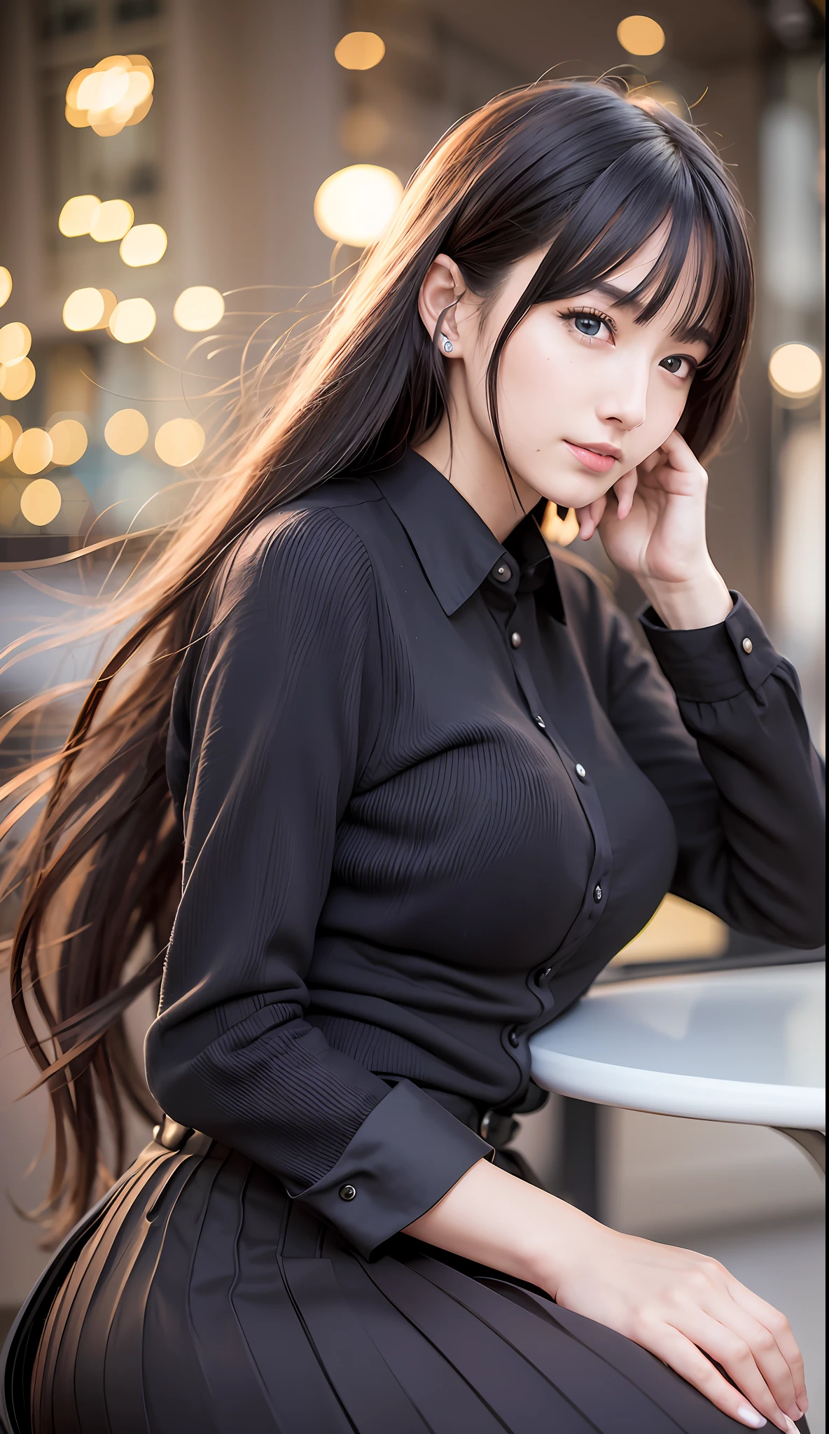 (8k, RAW photo, best quality, masterpiece:1.2), (realistic, photo-realistic:1.37), ultra-detailed,
1 girl, solo,beautiful detailed sky,detailed cafe,night,sitting,dating,(nose blush),(smile:1.1),(closed mouth),large breasts, seductive, smile, large aparture, professional lighting, Sony A7R4, Zessie 50mm F1.8,
beautiful detailed eyes,(black collared shirt:1.1),pleated skirt,(long hair hair:1.2), 25-years-old, (mature women), dynamic pose, floating hair, --s2