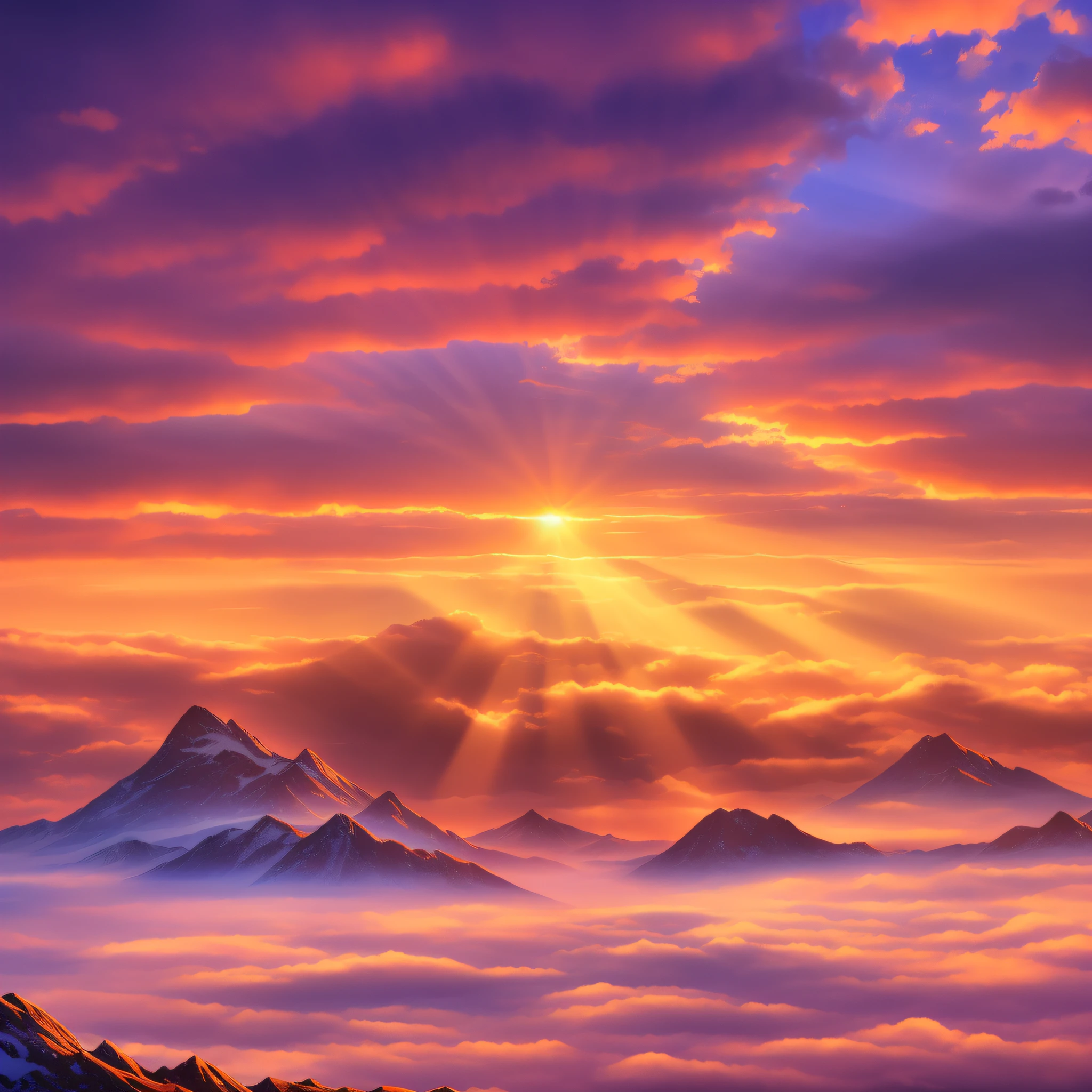 (mountain: 1.3), sea of clouds, sunset, clouds, Tyndall rays, (master works: 1.3), (8K wallpapers: 1.3), realistic, --auto --s2