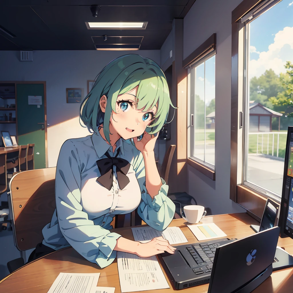 Anime illustrations in the style of "Kyoto Animation", highest quality, (cute: 1.1), (cute), (high resolution: 1.2), incredibly ridiculous: 1.3, incredibly fine illustrations, break 1 beautiful girl, Solo, (heterochromia, light blue eyes and light green eyes), solo, standing figure, happy, :d, princess eyes, big breasts, break, sitting at desk, side angle, looking at PC, touching keyboard, office