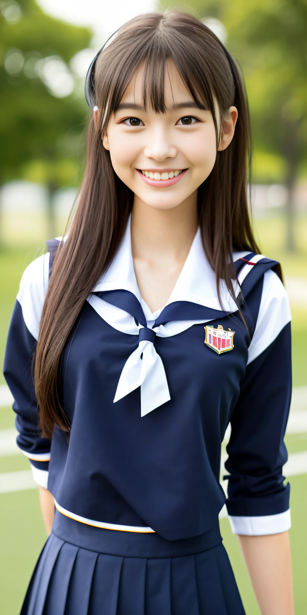 neat college girl, (school uniform, sailor uniform, ribbon tied at chest, summer uniform, upper body white, skirt is navy blue), outside the athletic field, (slim), photorealistic, detail, skin texture, ultra detail, delicate and sexy collarbone, smile, super detailed face, detailed lips, detailed eyes, double eyelids, small breasts, small breasts, small, flat breasts, breast emphasis
