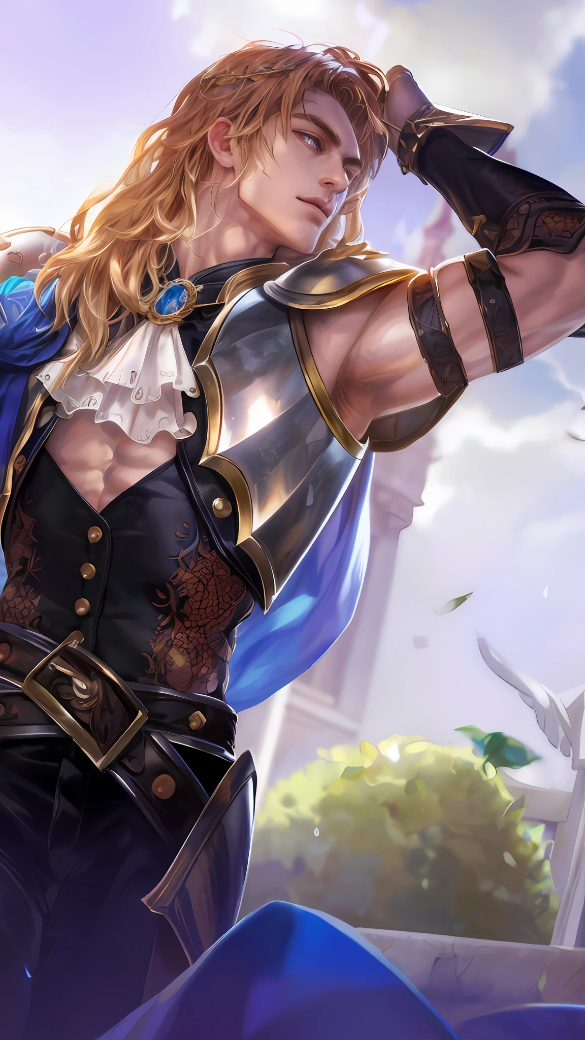 (Absurdres, Intricate Details, Masterpiece, Best Quality, High Resolution, 8k), 1 male, thin, young, aged up, masked, finely detailed eyes and face, auburn low-fade hair, amber eyes, portrait, looking at viewer, solo, half shot, detailed background, (light fantasy theme:1.1), focusing, mercenary, sunshine, floating scraps, color plate armor, divine aura, bright realistic lighting, marble castle, intense atmosphere, circlet, coat of arms, brazier, , Depth of Field, VFX.