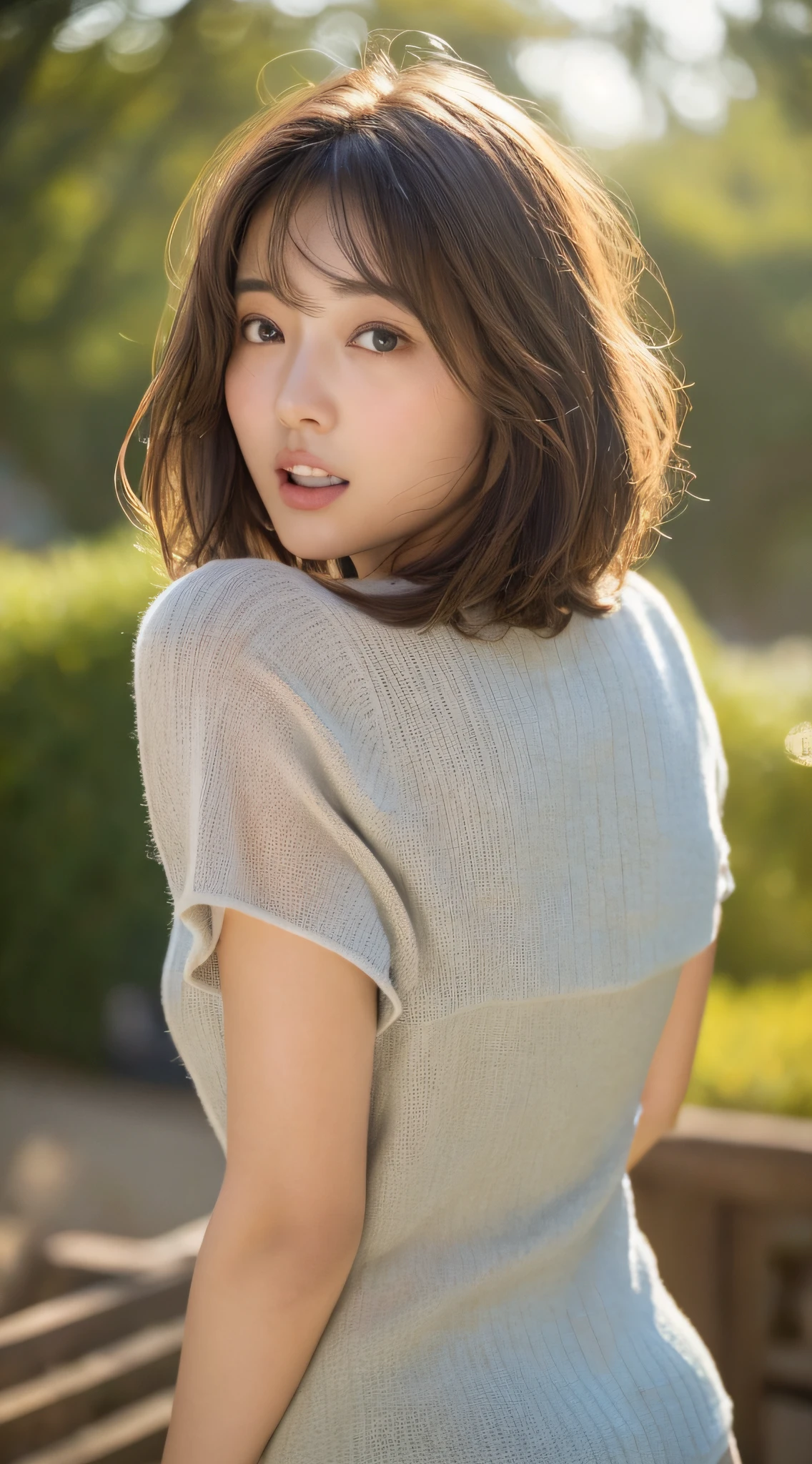 Short Hair Outdoor Fair Skin Disheveled Hair Open Mouth Japan Woman, Super Cute, Soft and Face, Brown Hair, 8K Resolution, Ultra Realistic, Super Definition, Soft Body Toned Ass Night, A Cup Small ((Highest Definition, 8k, Masterpiece: 1.3)), Super Definition Face, Super Definition Lips, Fine Eyes, Double Eyelids