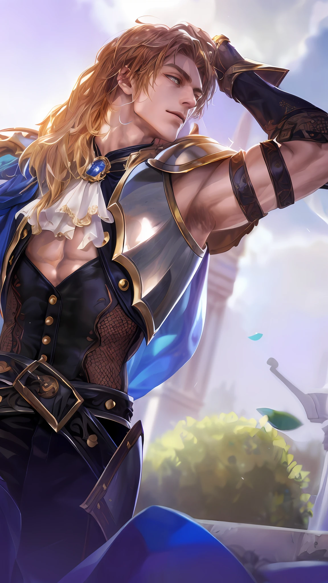 (Absurdres, Intricate Details, Masterpiece, Best Quality, High Resolution, 8k), 1 male, thin, young, aged up, masked, finely detailed eyes and face, auburn low-fade hair, amber eyes, portrait, looking at viewer, solo, half shot, detailed background, (light fantasy theme:1.1), focusing, mercenary, sunshine, floating scraps, color plate armor, divine aura, bright realistic lighting, marble castle, intense atmosphere, circlet, coat of arms, brazier, , Depth of Field, VFX.