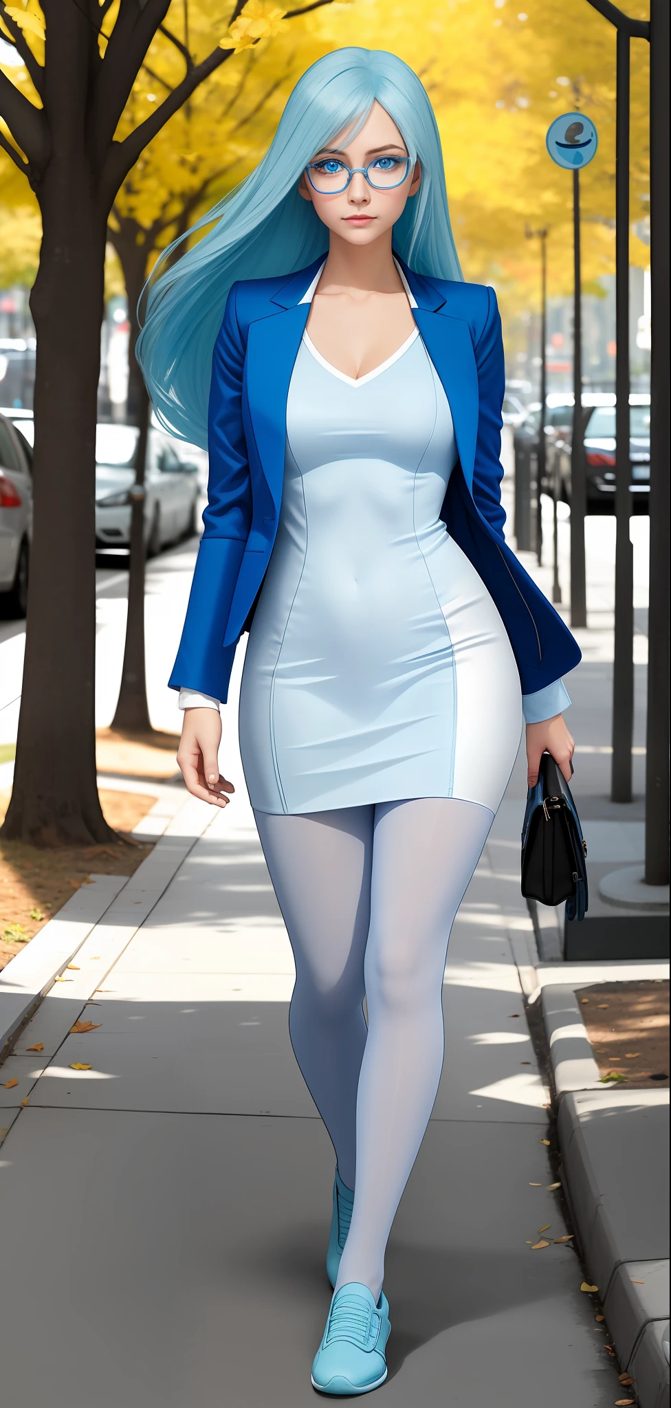 [Pacman ghost; Inky], ((High definition)), ((detailed shading)), ((beautiful solo portrait)), ((full body)), ((raw photo)), ((semi-realistic)), {attractive office woman, (pacman ghost; inky), long straight light blue hair, (blue eyes; white sclera), (calm expression; slanted eyes), slim square glasses, white dress shirt, short light blue bodycon club dress, pale blue thin satin jacket, blue pantyhose, light blue slip-on shoes}, (walking; hands on glasses), [background; sidewalk, park, sunny, trees, sun