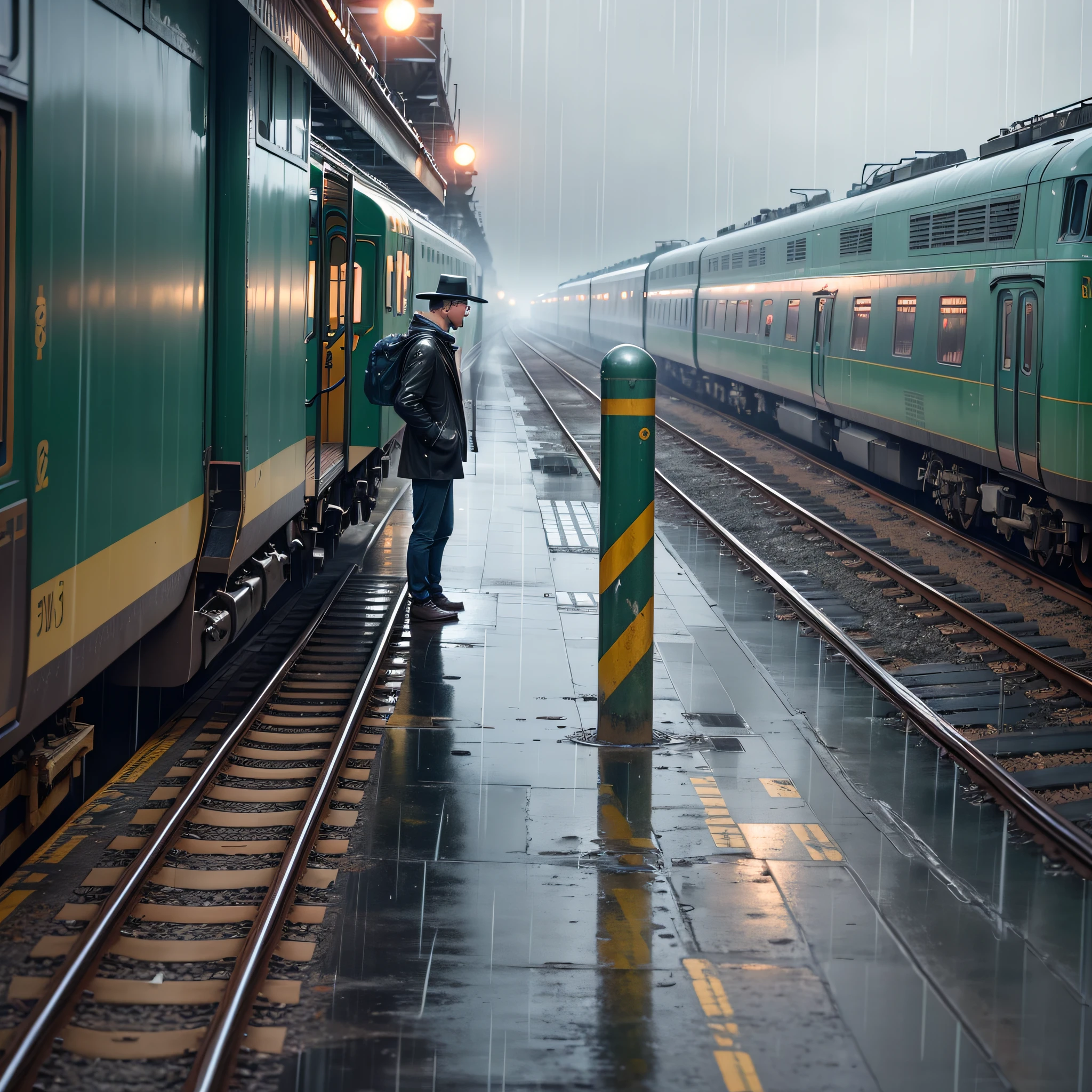 A guy stands on a railway platform next to a passing train in the rain --auto --s2