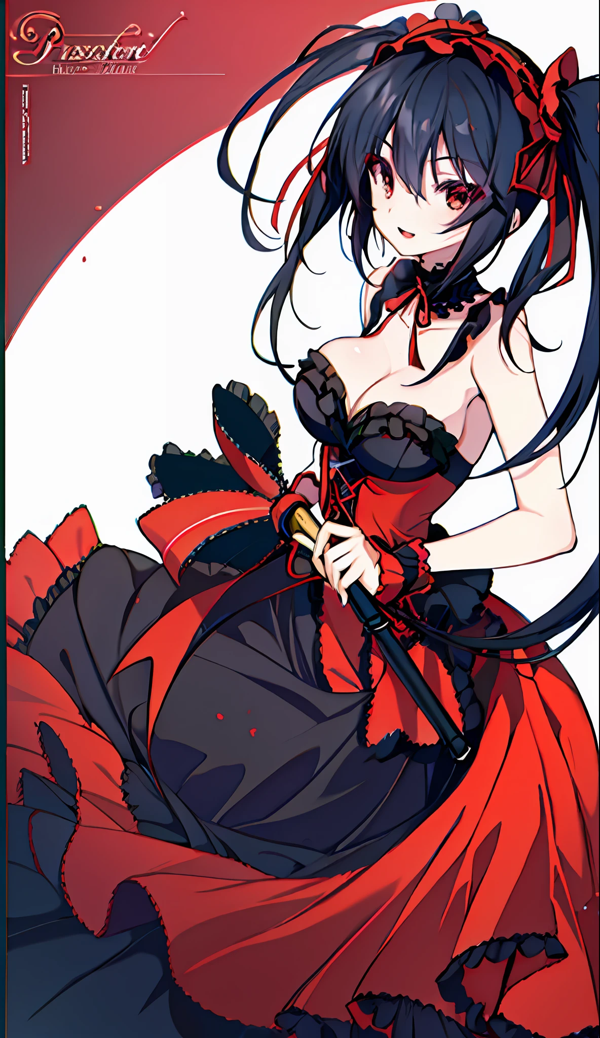 18 Year Beautiful Girl, Masterpiece, Top Quality, 8K Anime, 1 Girl, Solo, Detailed Fingers, Precise Fingers, Non-Unnatural Hands, Odd Eye, Red Eyes, Cleavage, Black Hair Twin Tails, Kurumi Tokizaki