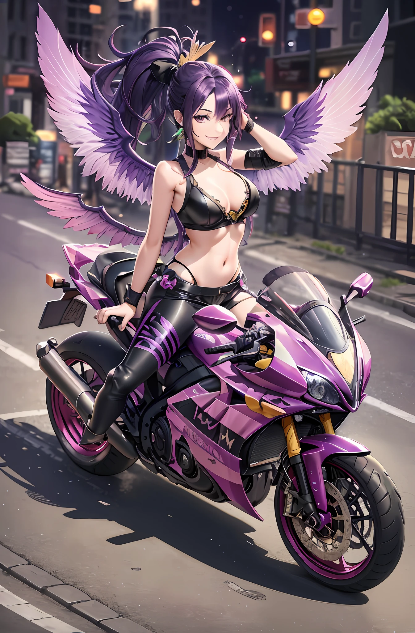 Longhair. Ponytail. Smile, purple hair. Earring. Divine wings on the back. Smile. Navel out. Wings grown on the back. Purple wings. Hat hat. Neon Street. Ride a motorcycle.
