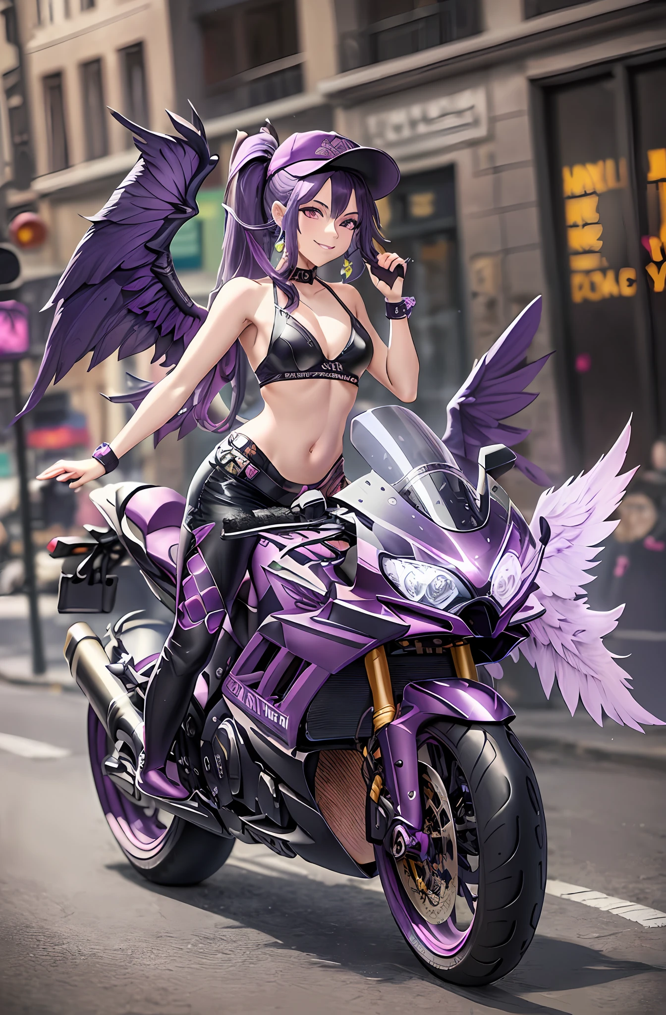 Longhair. Ponytail. Smile, purple hair. Earring. Divine wings on the back. Smile. Navel out. Wings grown on the back. Purple wings. Hat hat. Neon Street. Ride a motorcycle.
