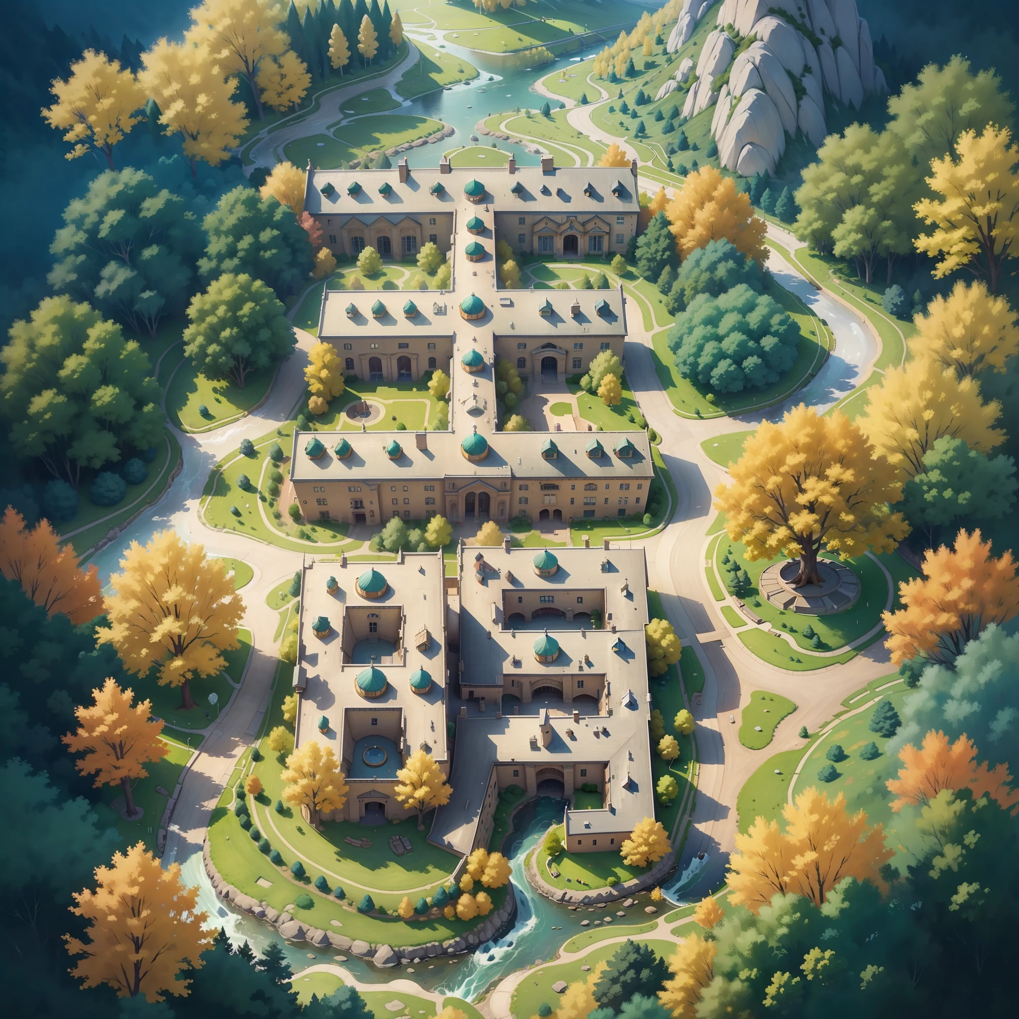 Town planning, aerial view of the school, mountains and rivers, greenery, yellow trees, blue trees