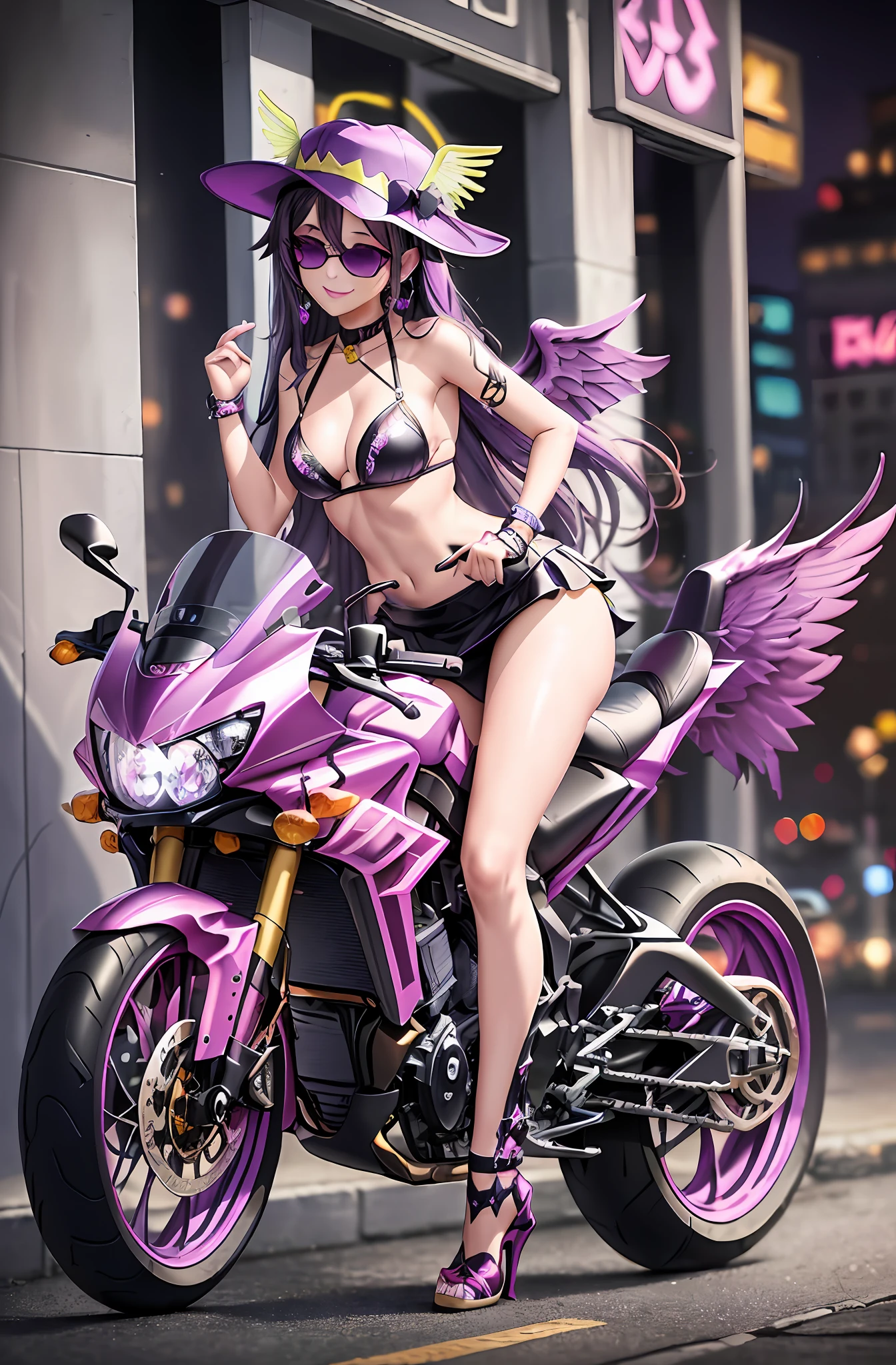 Longhair. Smile, purple hair. Earring. Divine wings on the back. Miniskirt. Smile. Bikini. Wings grown on the back. Purple wings. Hat hat. Neon Street. Ride a motorcycle. Sunglasses.