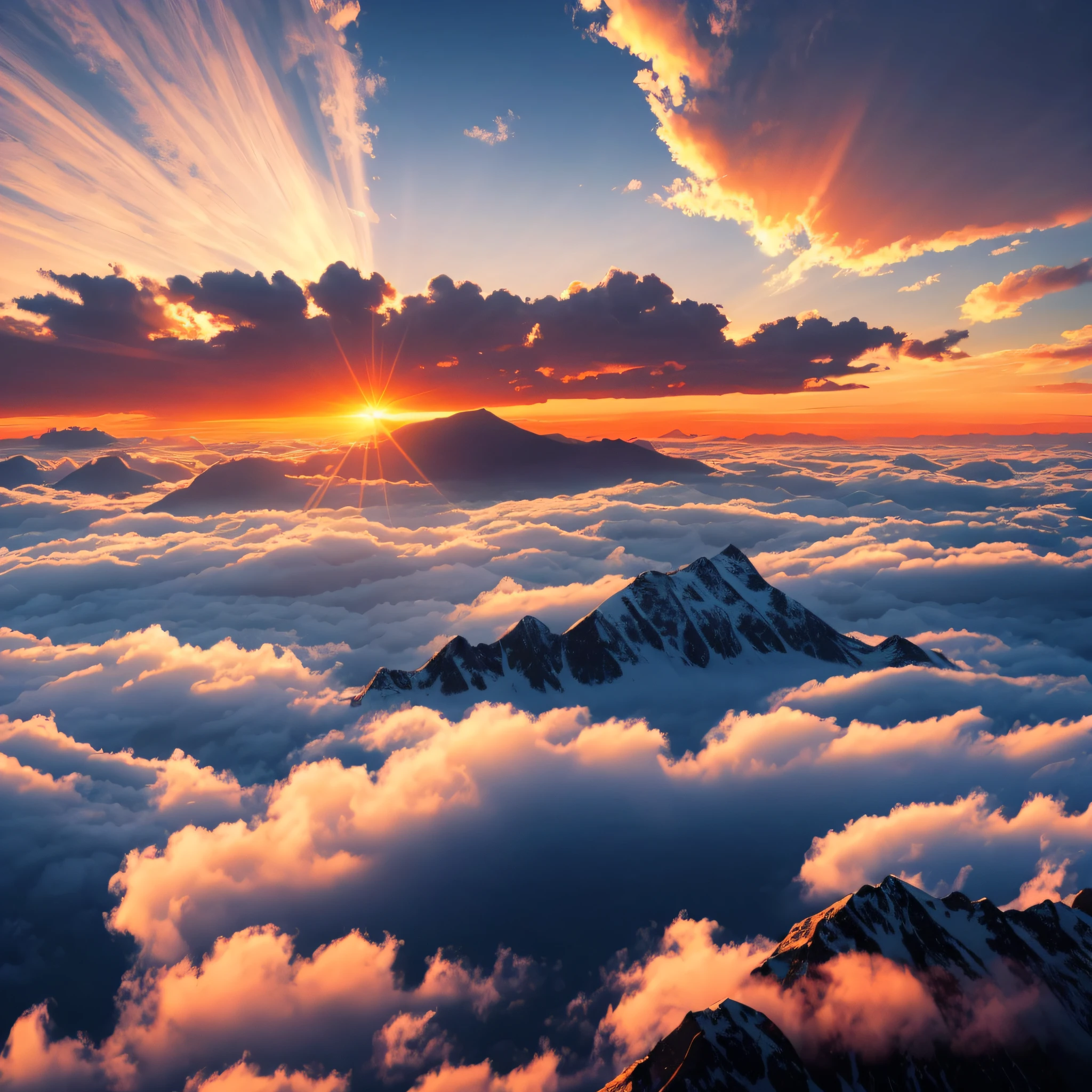 (mountain: 1.3), sea of clouds, sunset, clouds, Tyndall rays, (master works: 1.3), (8K wallpapers: 1.3), realistic, --auto --s2
