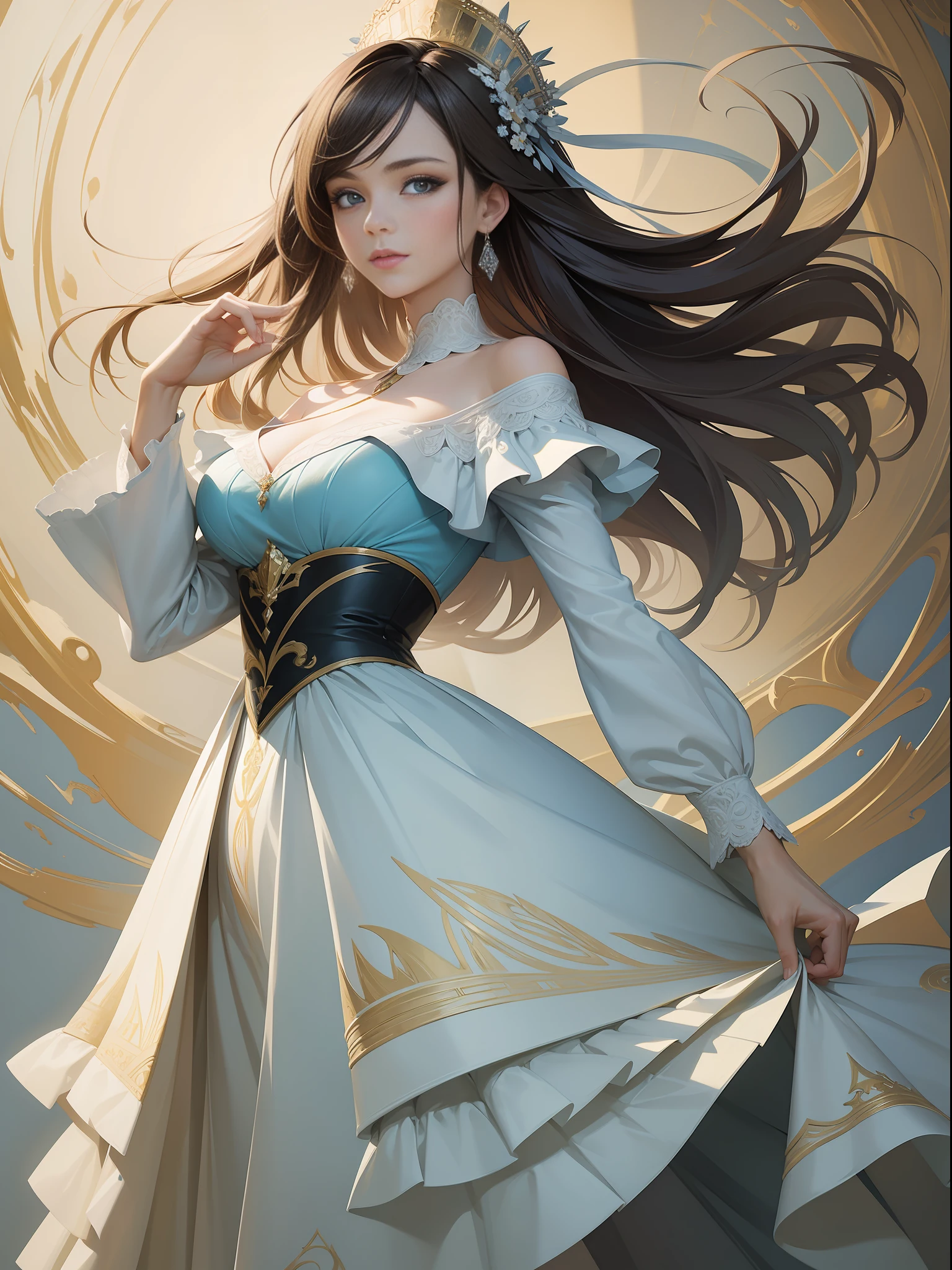 Masterpiece, best quality, just a very beautiful woman wearing an elegant design Clothes in Bern, paint painting style, with a landmark, perfect poses, soft colors, fluid brushstrokes, low angle, paint painting .