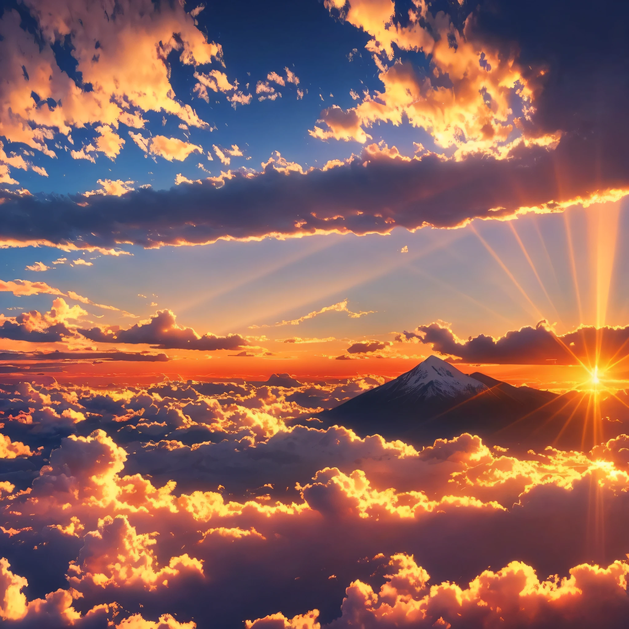 (mountain: 1.3), sea of clouds, sunset, clouds, Tyndall rays, (master works: 1.3), (8K wallpapers: 1.3), realistic, --auto --s2