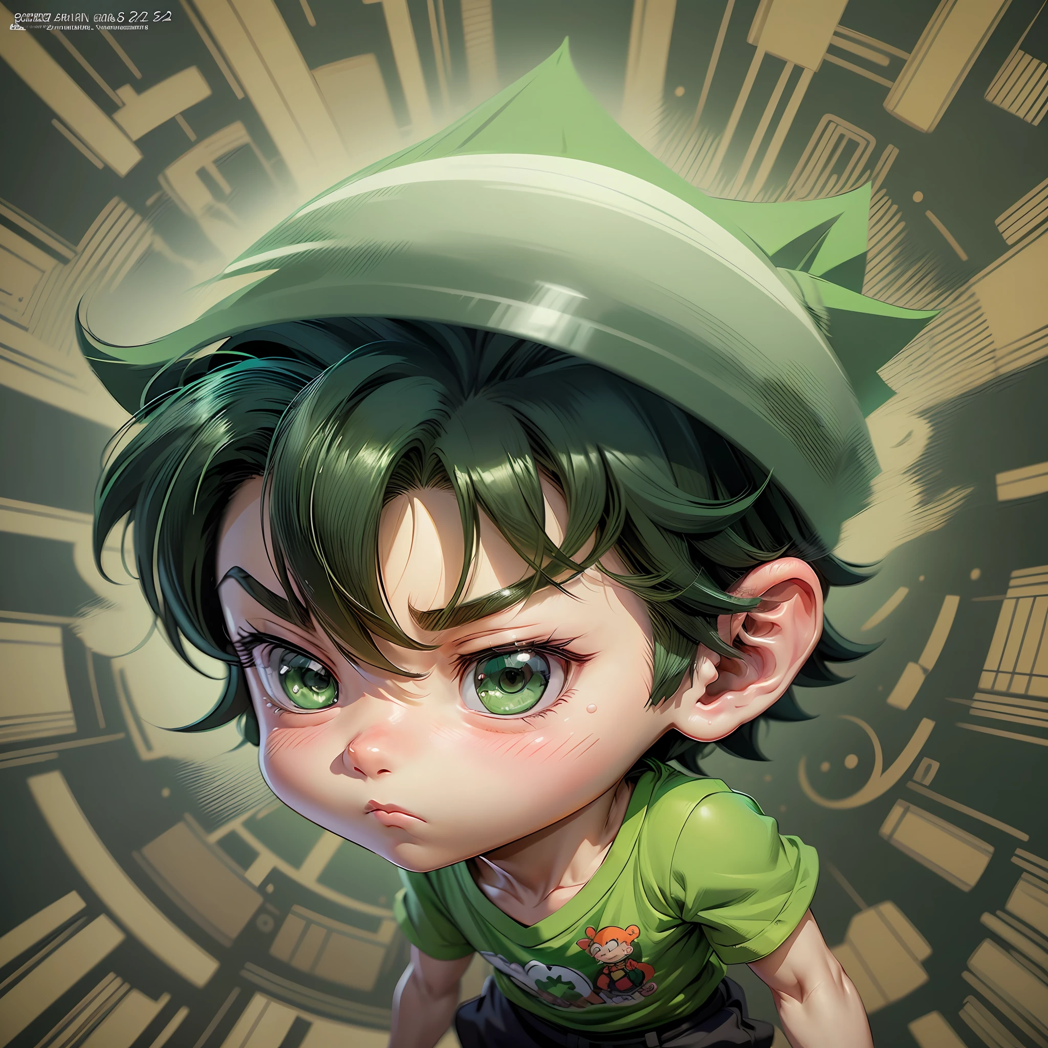 anime style cartoon of a boy with a green shirt and black shorts, porky pig, popeye, toon, kewpie, cartoon character, inspired by, official art, inspired, patrick, cartoon image, ( ( illustration, cartoon style, wonder boy, his name is greenish, leaked image 2d anime style --auto --s2