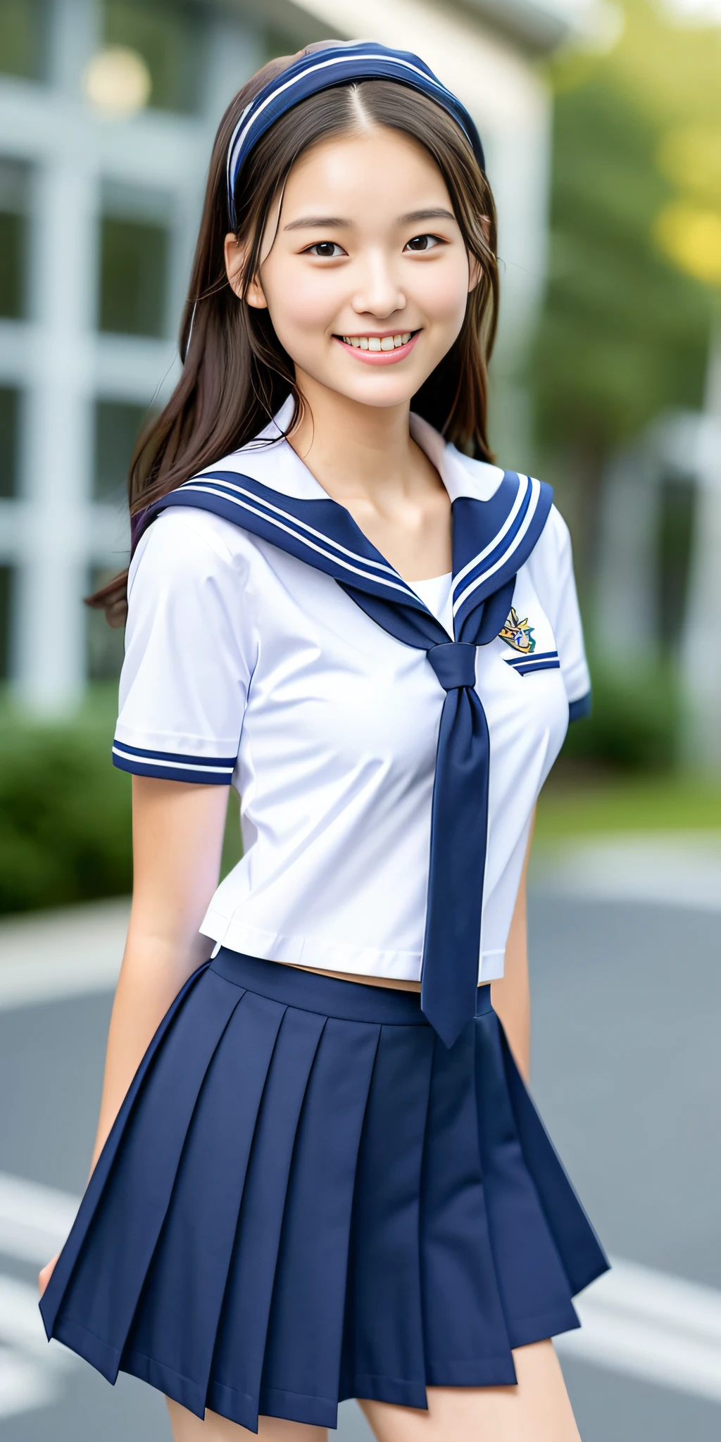 neat college girl, (school uniform, sailor uniform, ribbon tied at chest, summer uniform, upper body white, skirt is navy blue), outside the athletic field, (slim), photorealistic, detail, skin texture, ultra detail, delicate and sexy collarbone, smile, super detailed face, detailed lips, detailed eyes, double eyelids, small breasts, small breasts, small, flat breasts, breast emphasis