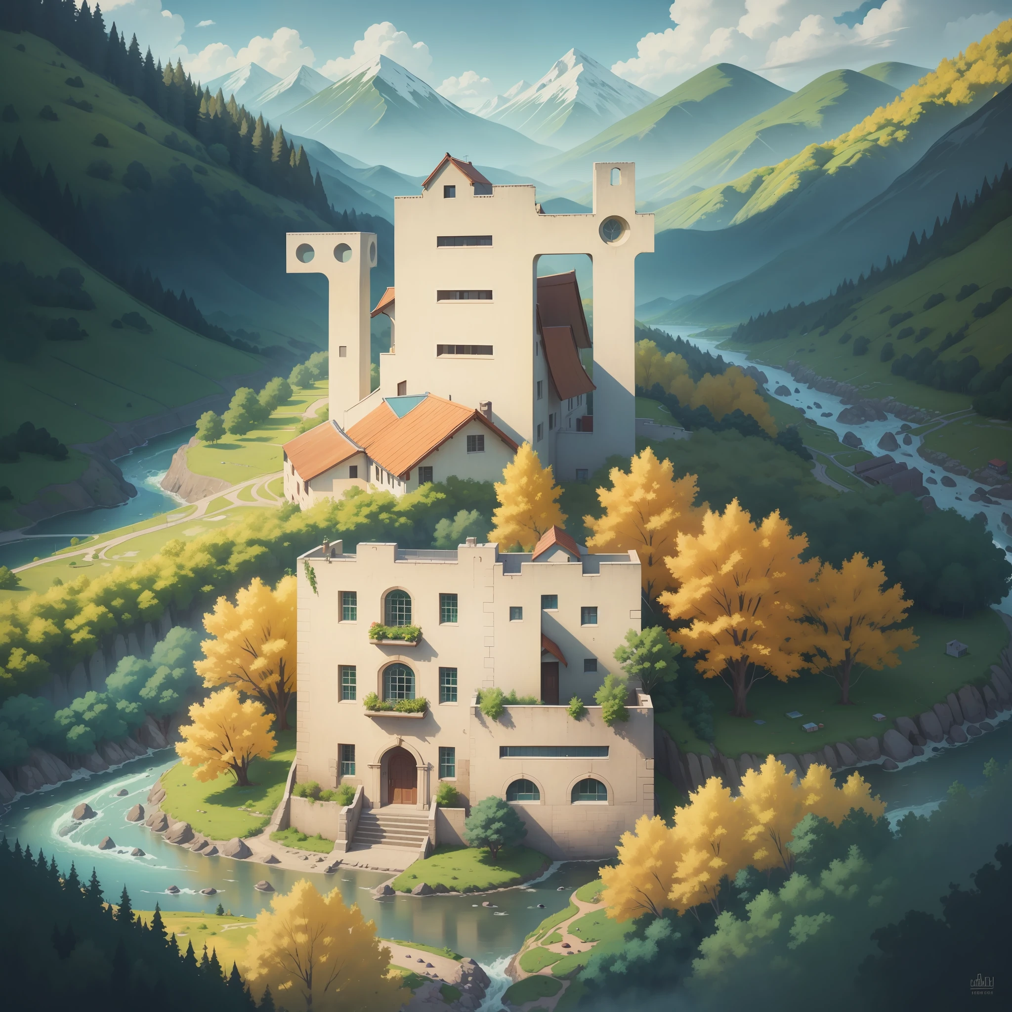 Town planning, aerial view of the school, mountains and rivers, greenery, yellow trees, blue trees