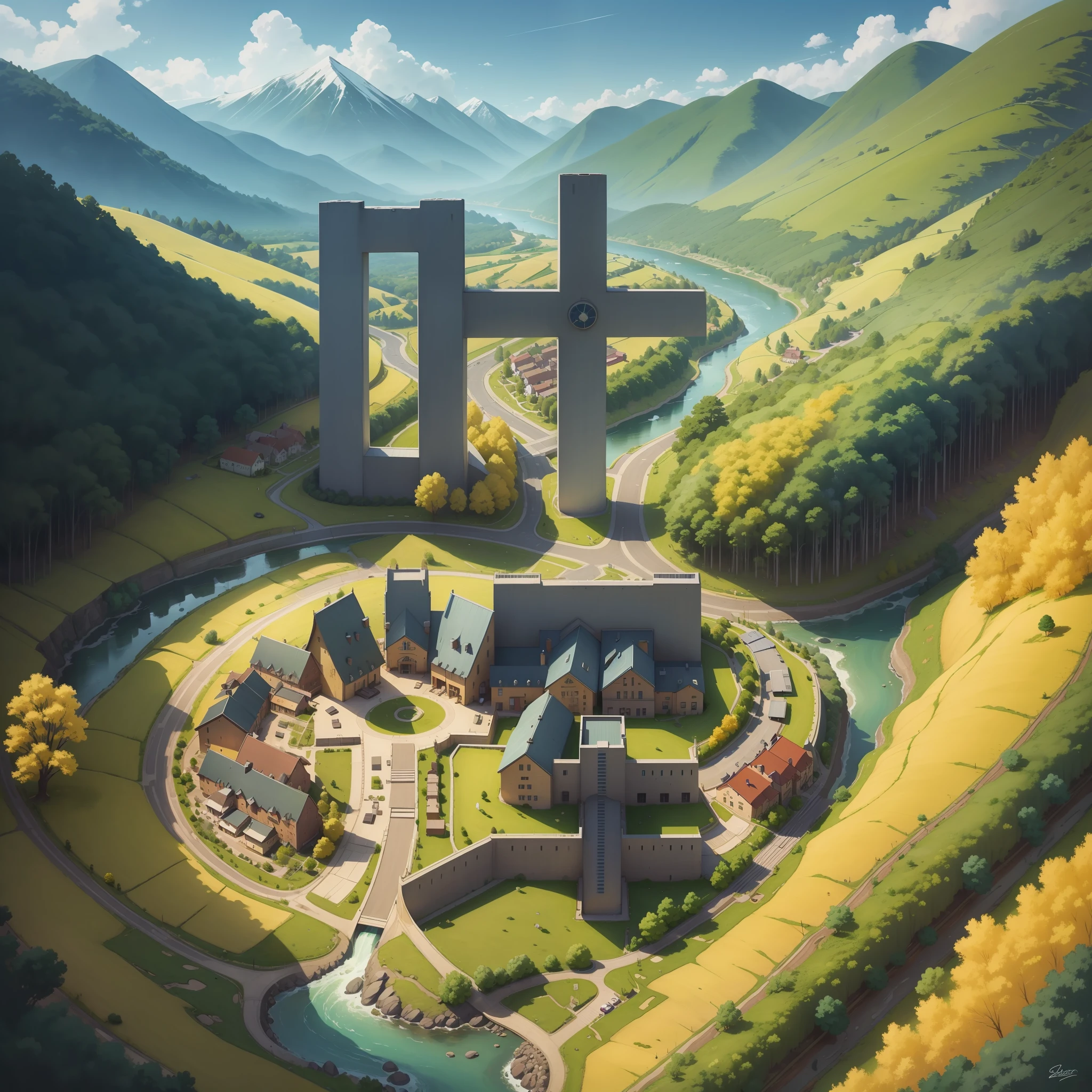 Town planning, aerial view of the school, mountains and rivers, greenery, yellow trees, blue trees