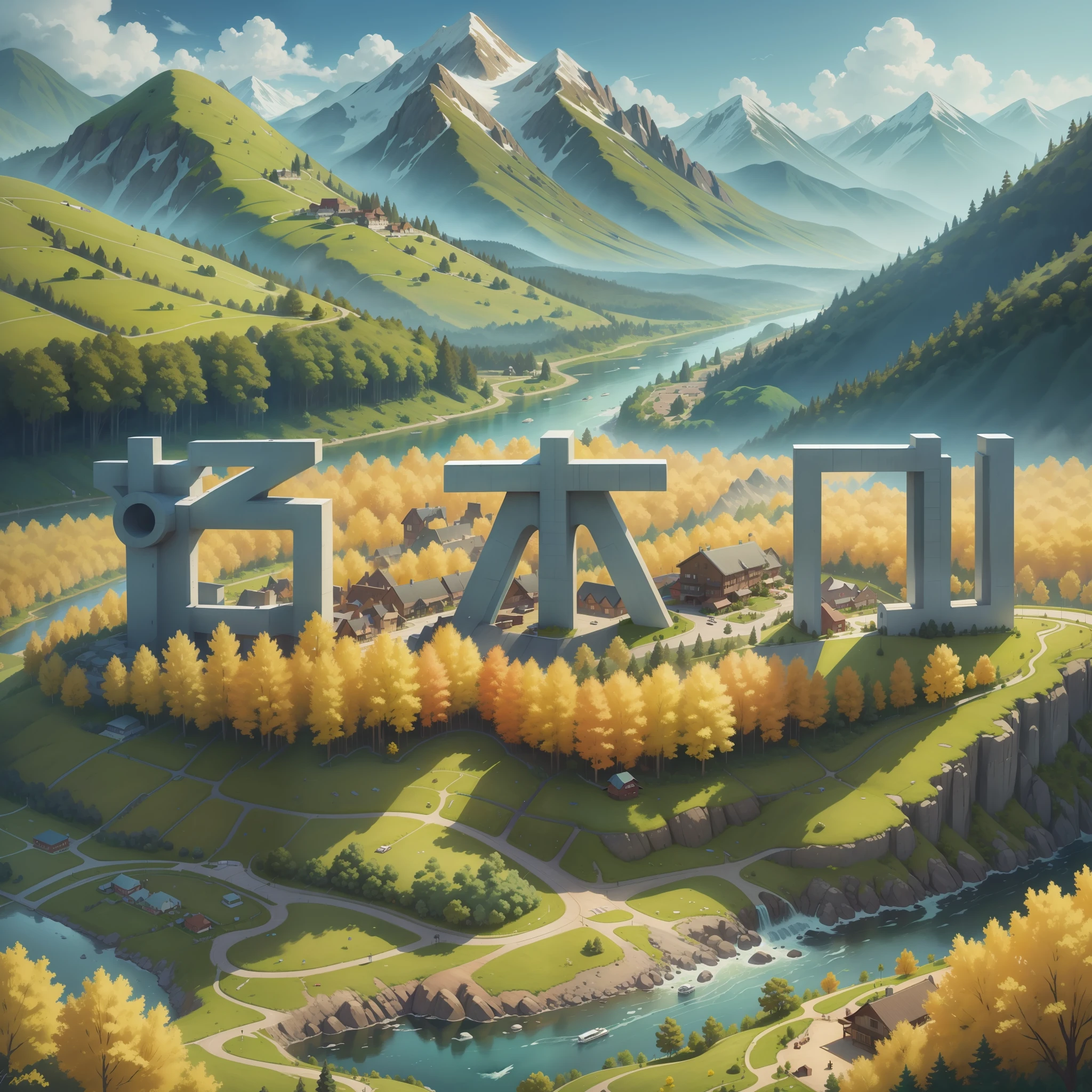 Town planning, aerial view of the school, mountains and rivers, greenery, yellow trees, blue trees