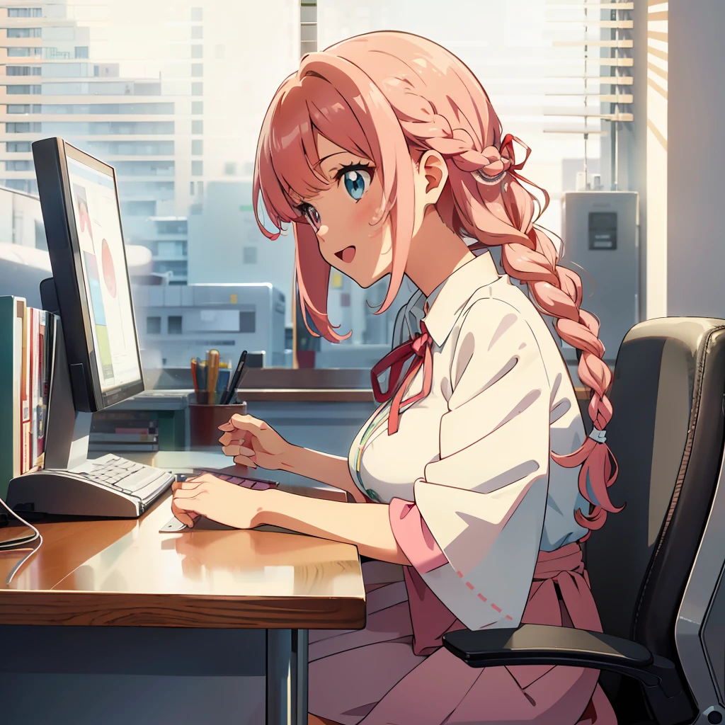 Anime illustrations in the style of "Kyoto Animation", highest quality, (cute: 1.1), (cute), (high resolution: 1.2), incredibly ridiculous: 1.3, incredibly fine illustrations, break 1 beautiful girl, Solo, (heterochromia, light blue eyes and light green eyes), silhouette of star eyes, solo, standing figure, happy, :d, princess eyes, big breasts, break, braid, light pink hair, semi-long hair, red ribbon at the end of braid, sitting at desk, Side angle, looking at PC, touching keyboard, office