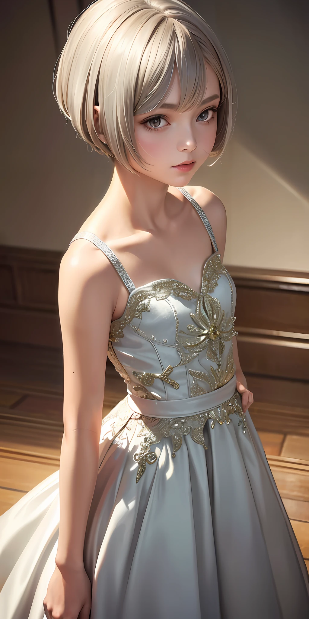 One girl, beautiful dress, short hair, photorealistic, best quality, masterpiece, , gray hair, gold eye, look up, upper body, hair, fair skin