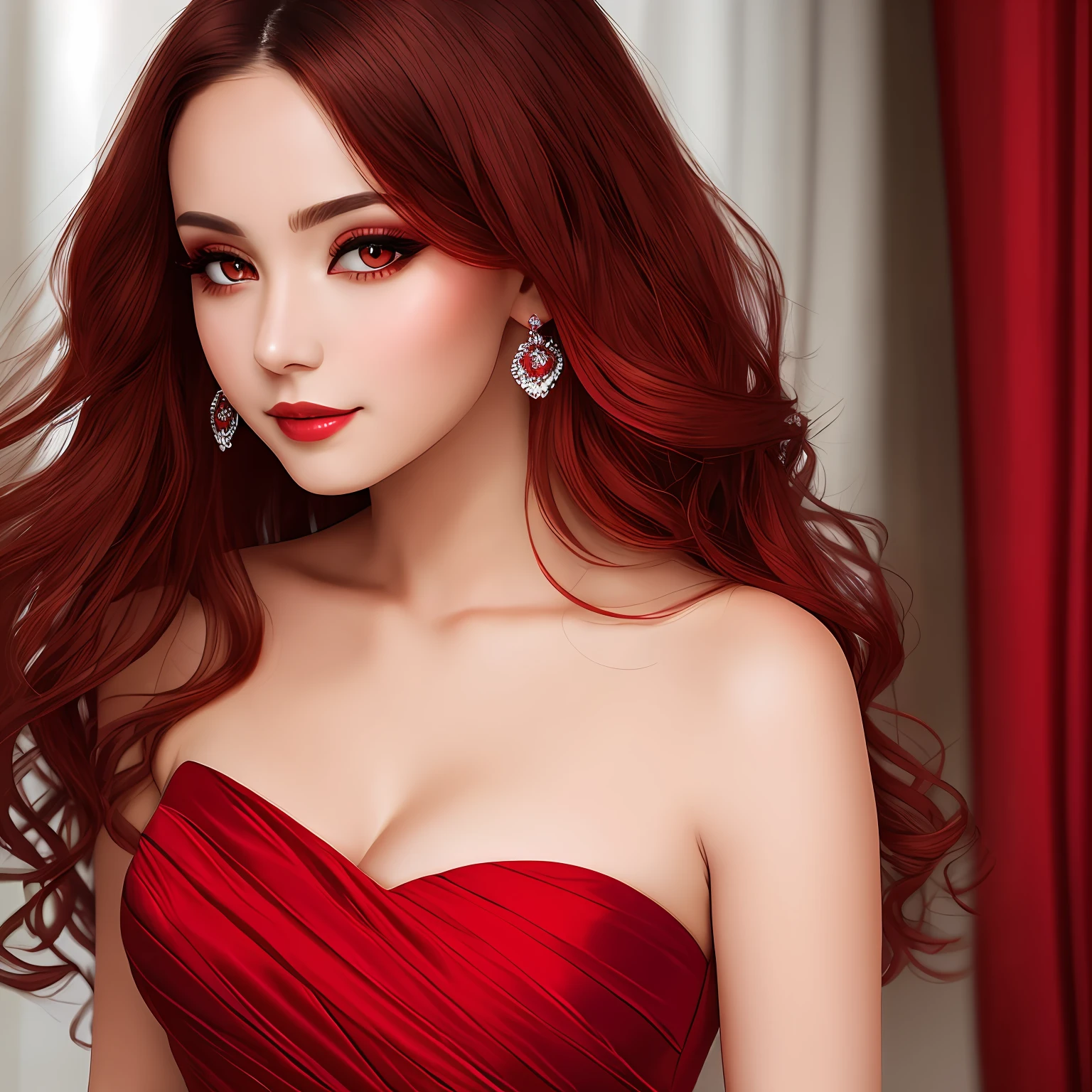Woman with seductive red dress, gala face, white eyes
