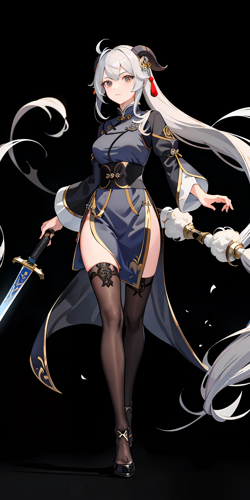 (Best quality, masterpiece) gray hair, Chinese style costume, Genshin, black eyes, sheep horn, sister, bangs tail, expressionless, apothecary, dark blue clothes, one-handed sword, background white, huge, tights, cheongsam
