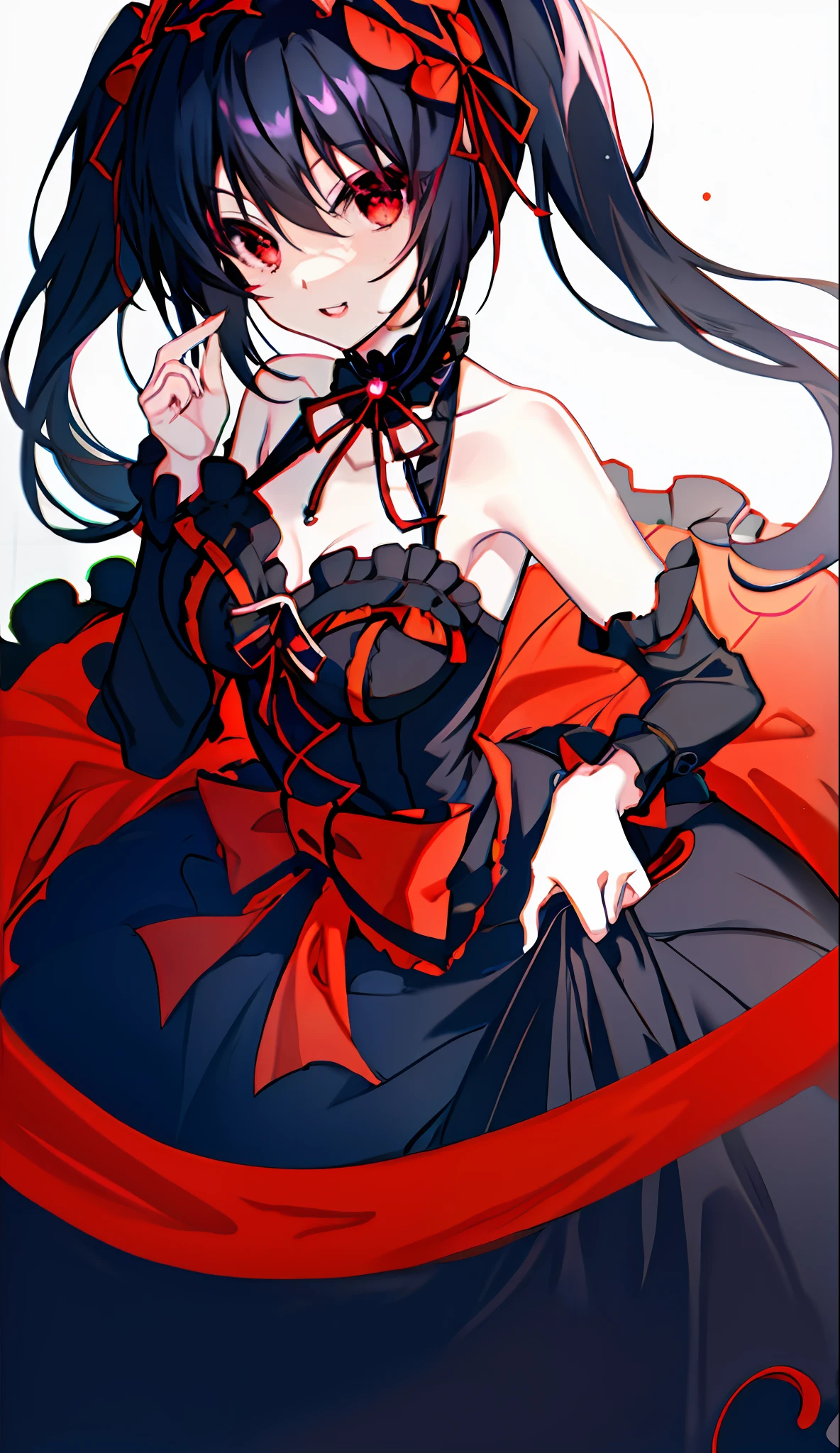 18 Year Old Beautiful Girl, Masterpiece, Top Quality, 8K Anime, 1 Girl, Solo, Detailed Fingers, Precise Fingers, Non-Unnatural Hands, Odd Eye, Red Eyes, Cleavage, Black Hair Twin Tails, Kurumi Tokizaki