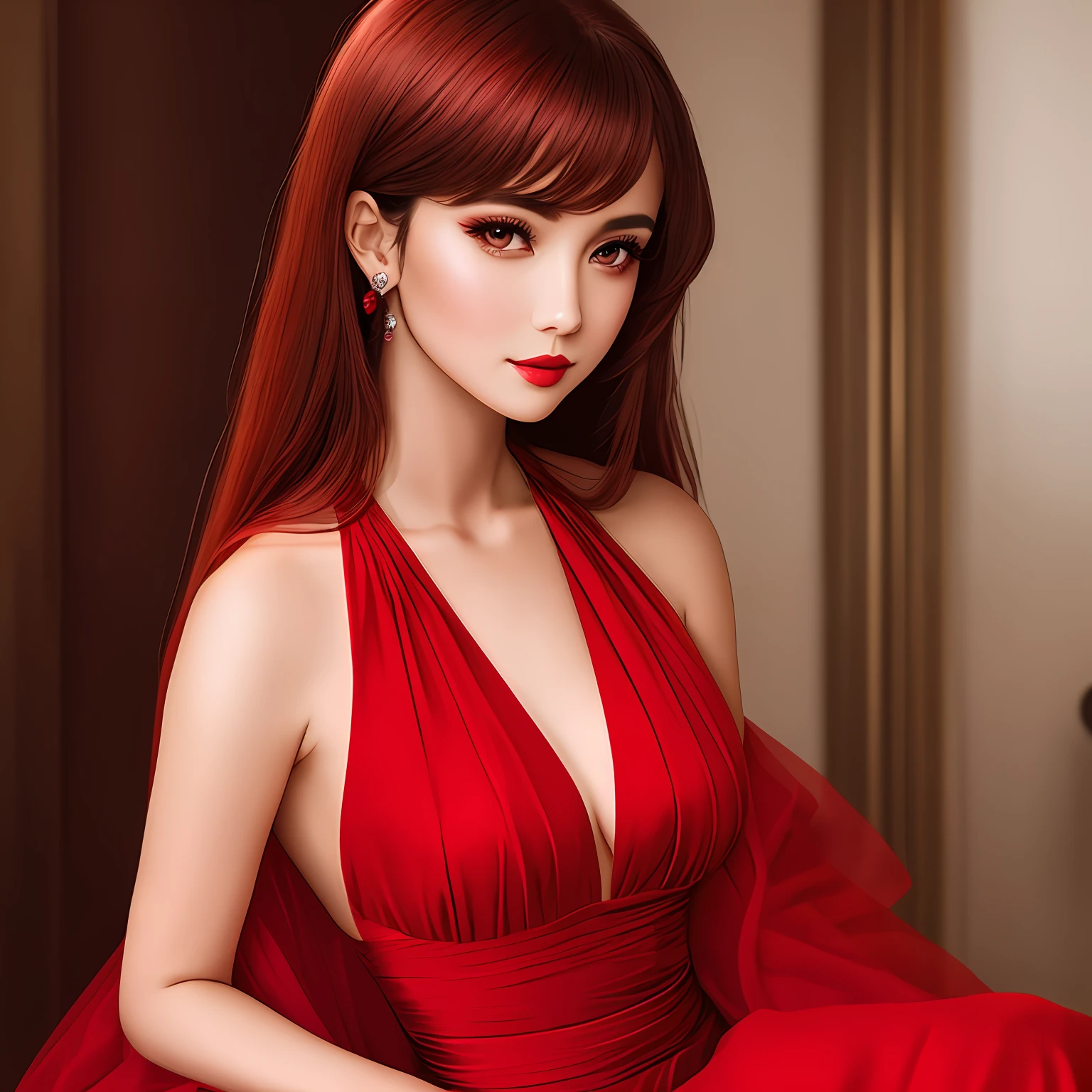 Woman with seductive red dress, gala face, white eyes