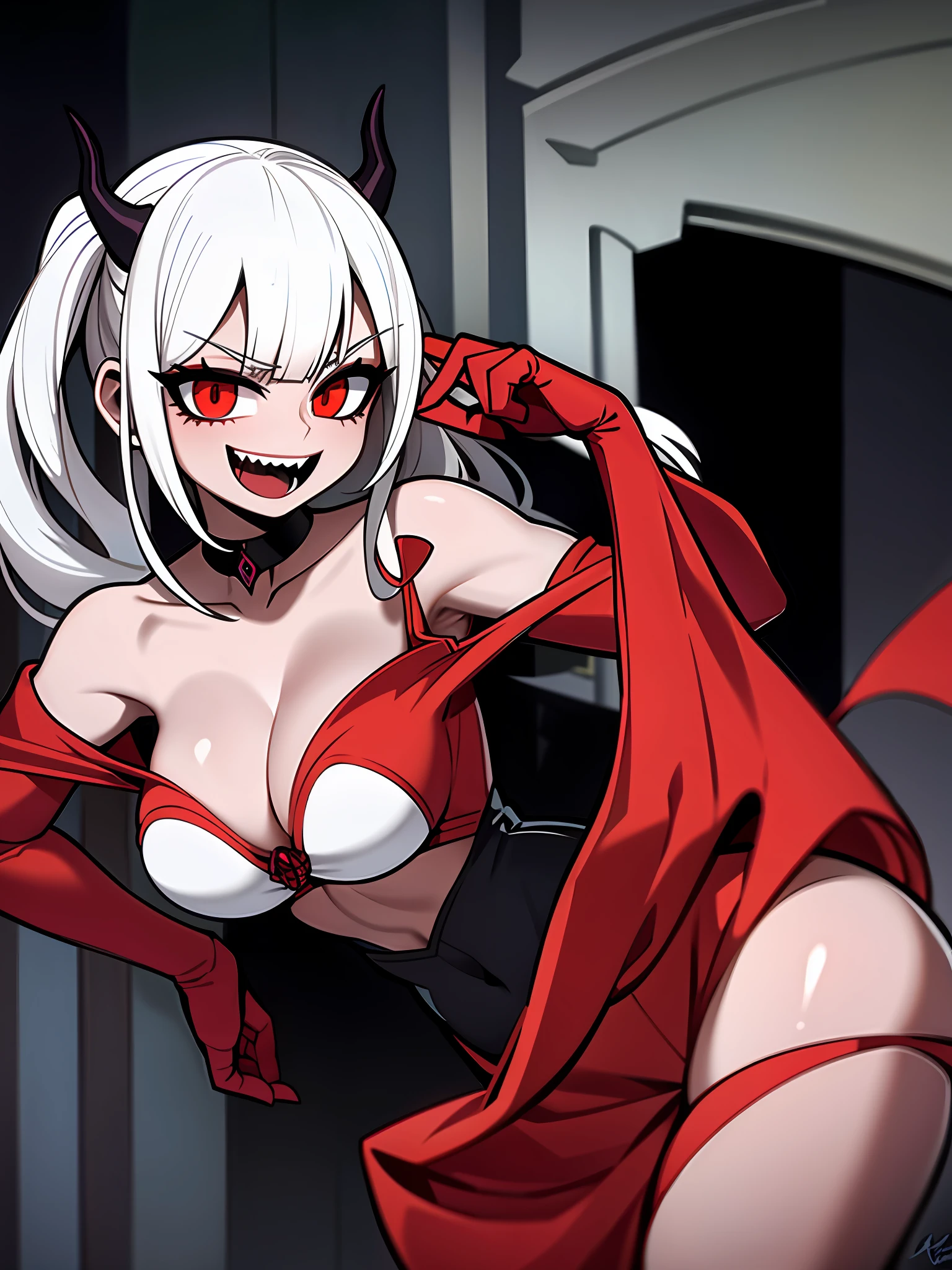 Demonic gothic female character with red skin, light smile, open mouth, standing, hands on breasts, dynamic angle, large breasts