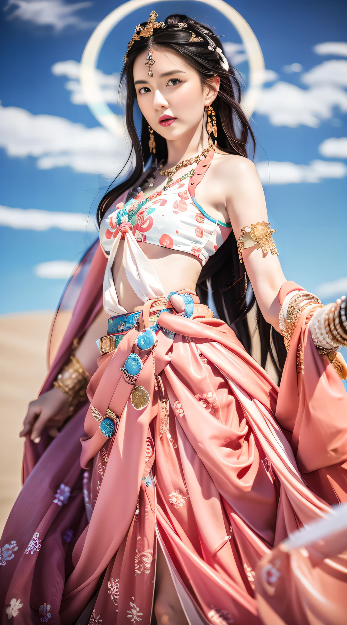 Light pink and light sky blue style, (masterpiece), (best image quality: 1.5), super high resolution, original photos, detailed skins, beautiful lighting, (realistic, realistic: 1.4), 1girl, Dunhuang, full body, blue sky, white clouds, (dunhuang_cloths:0.6)