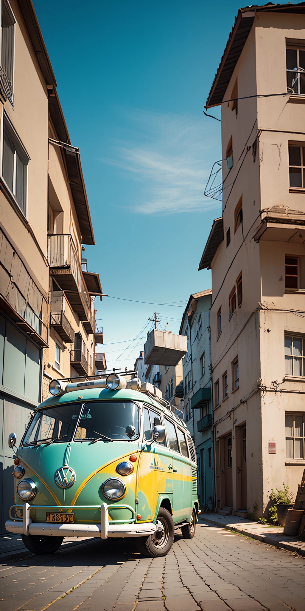 arafed van parked on the side of the road in a narrow alley, vw bus on a street, kombi, microbus, by Matthias Weischer, portrait shot, vw microbus driving, by Alexander Bogen, by Aleksander Kobzdej, by Artur Tarnowski, alexey egorov, by Etienne Delessert