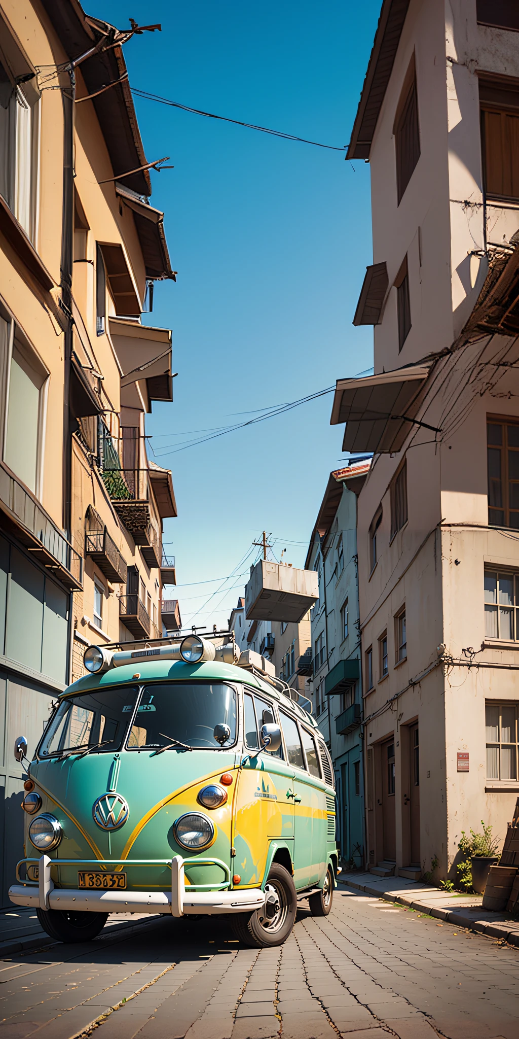 arafed van parked on the side of the road in a narrow alley, vw bus on a street, kombi, microbus, by Matthias Weischer, portrait shot, vw microbus driving, by Alexander Bogen, by Aleksander Kobzdej, by Artur Tarnowski, alexey egorov, by Etienne Delessert